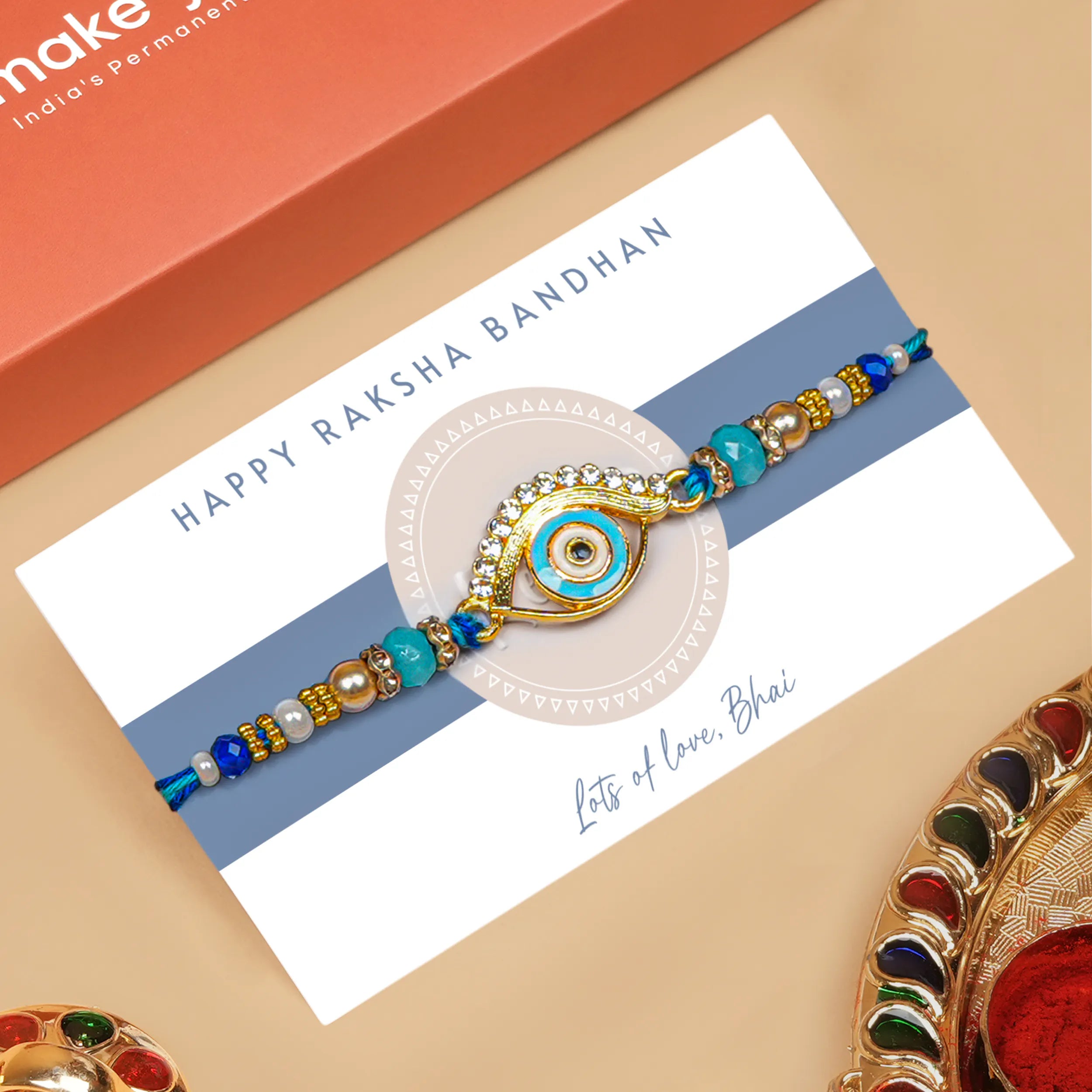 Handcrafted Teardrop Evil Eye Beaded Designer Rakhi