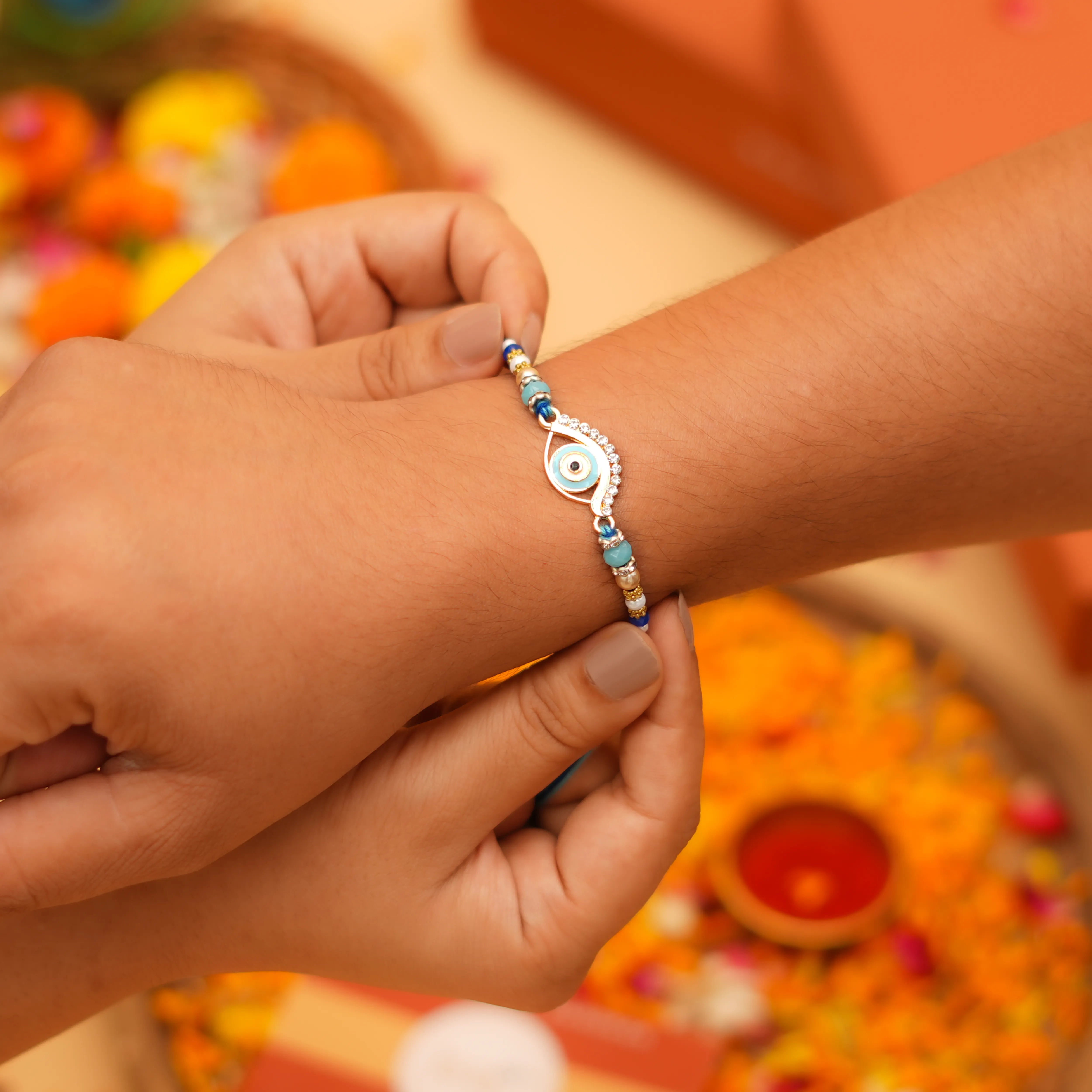 Handcrafted Teardrop Evil Eye Beaded Designer Rakhi