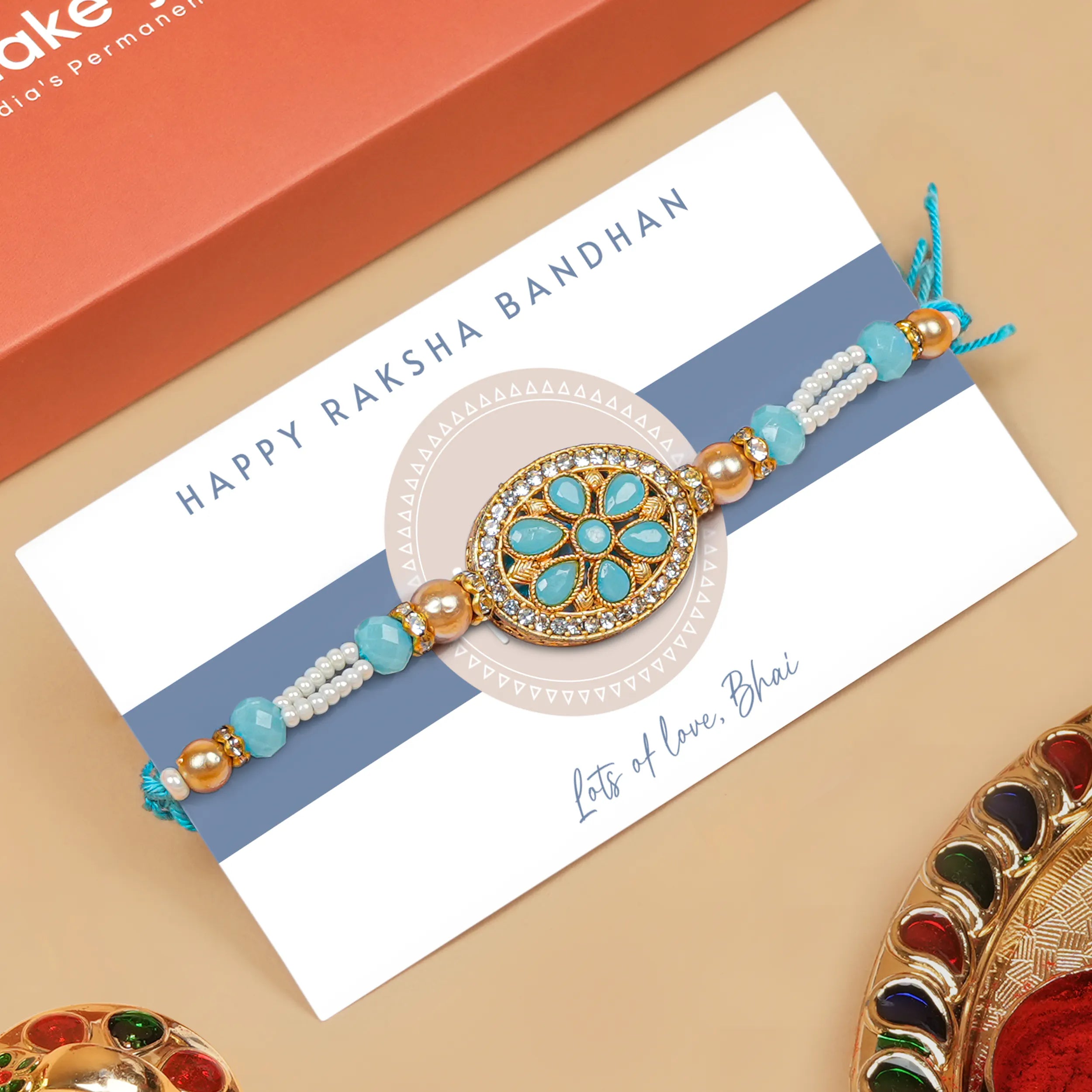 Handcrafted Shubh Neel Pushp Beads Rakhi