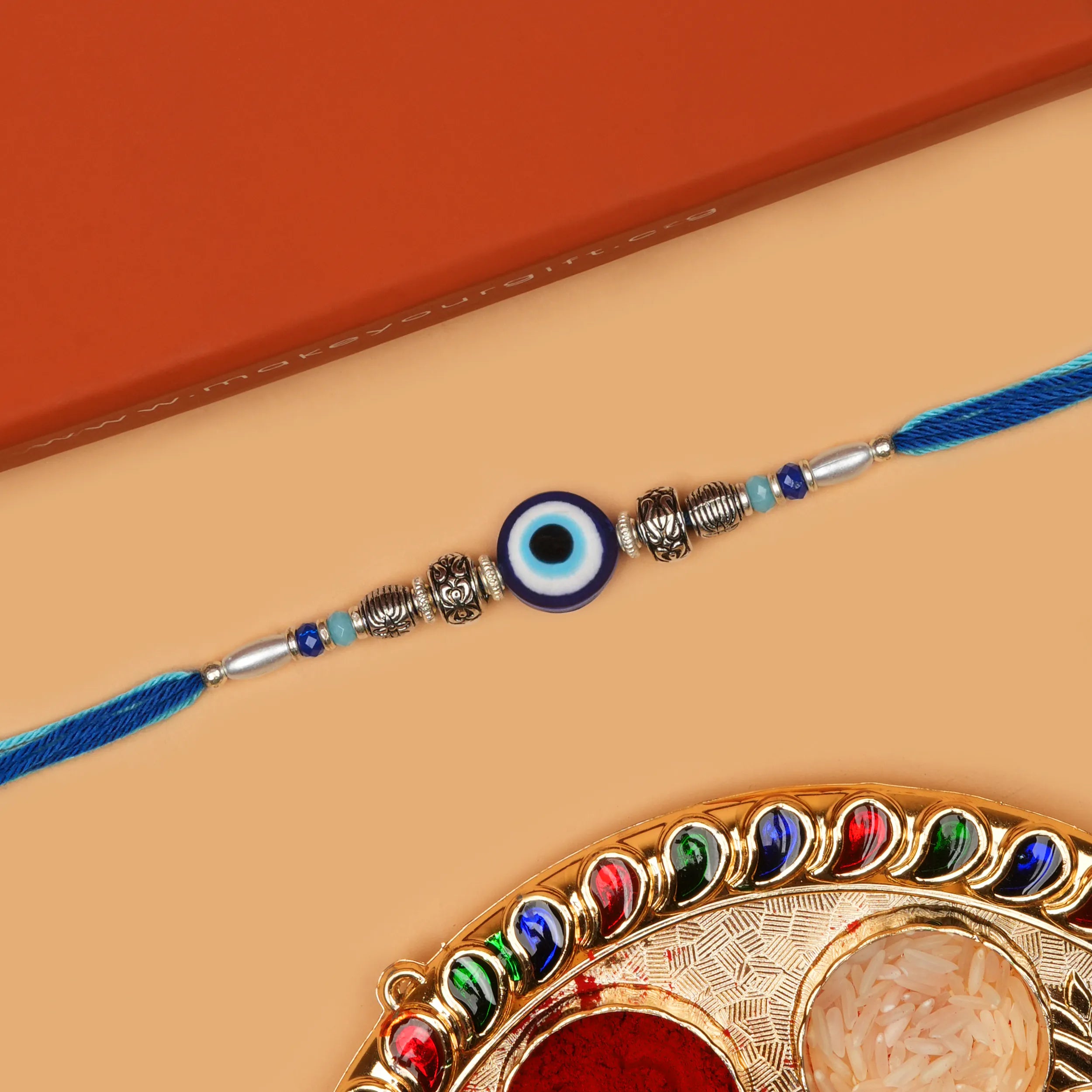 Handcrafted Blue Evil Eye & Oxidized Metal Beads Rakhi