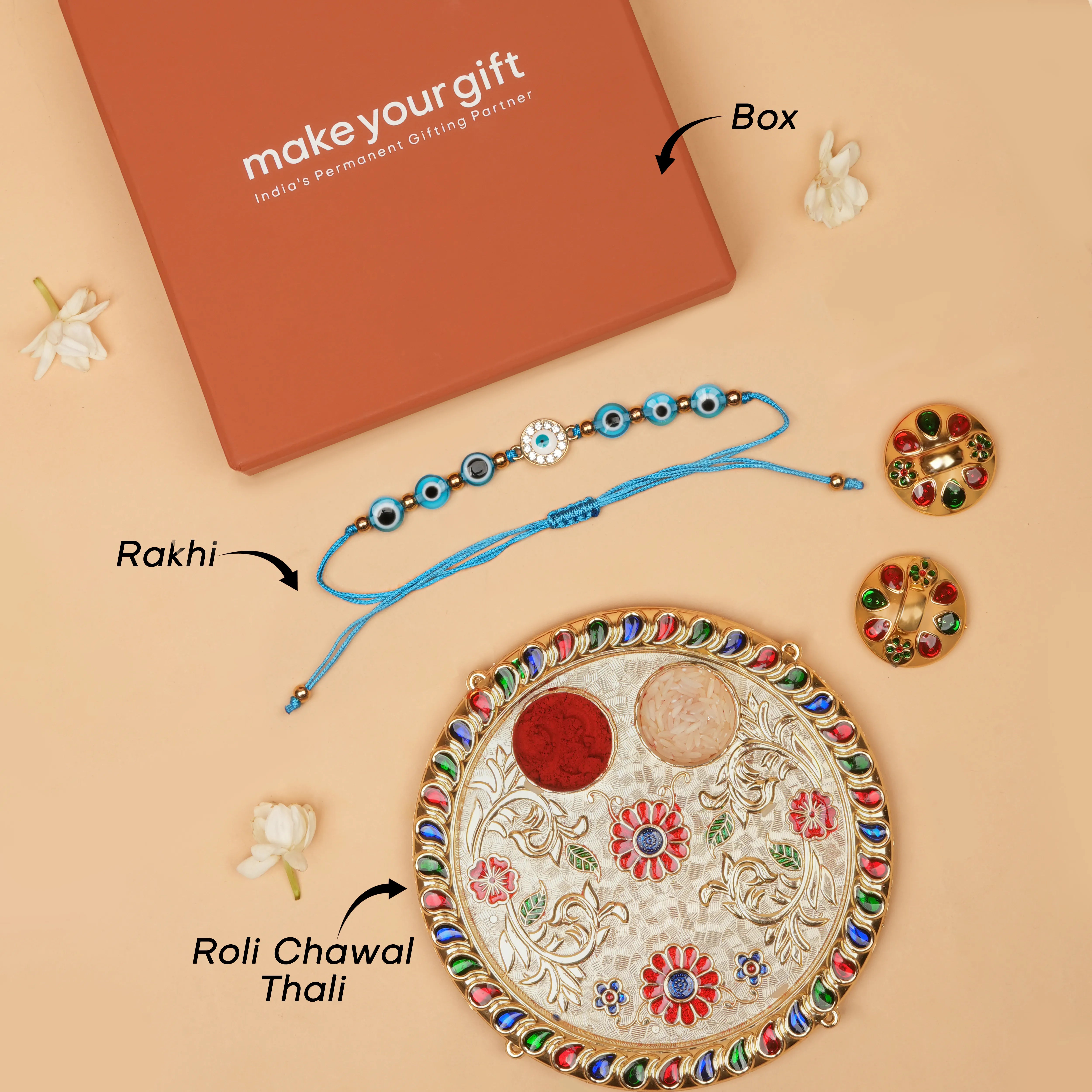 Handcrafted Drishti Kavach Studded Rakhi With Roli Chawal Thali