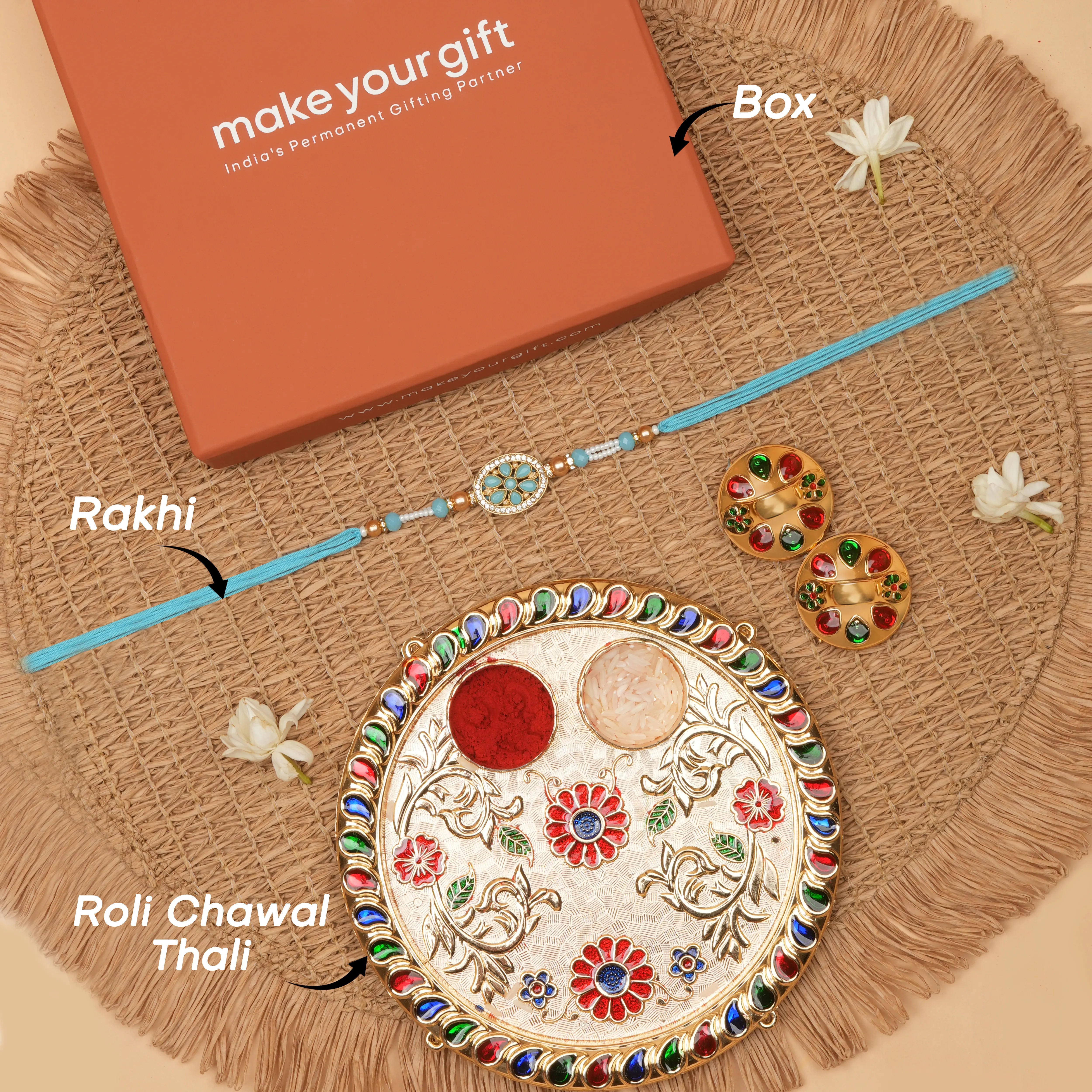 Handcrafted Shubh Neel Pushp Beads Rakhi With Roli Chawal Thali