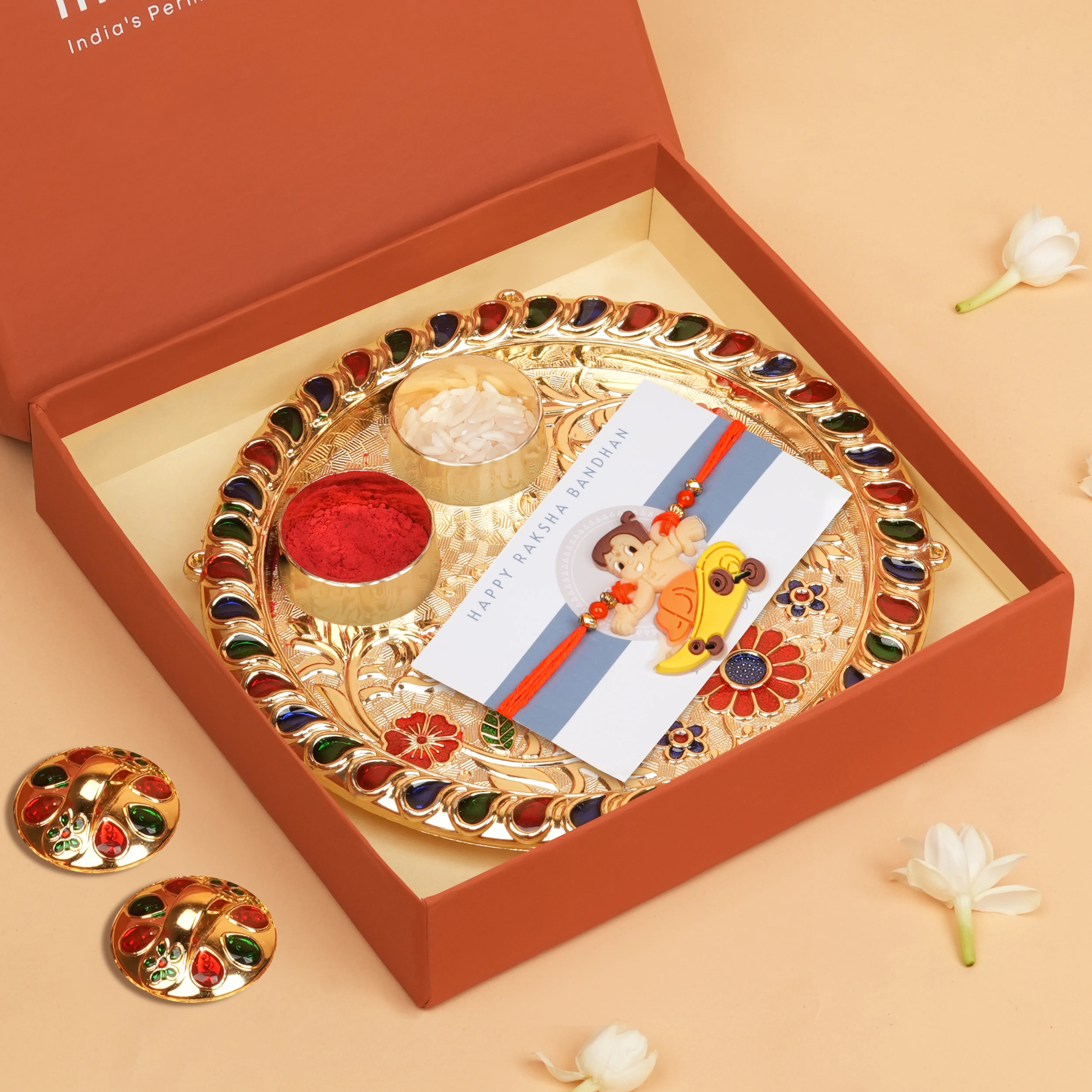 Handcrafted Chota Bheem Kids Rakhi With Roli Chawal Thali