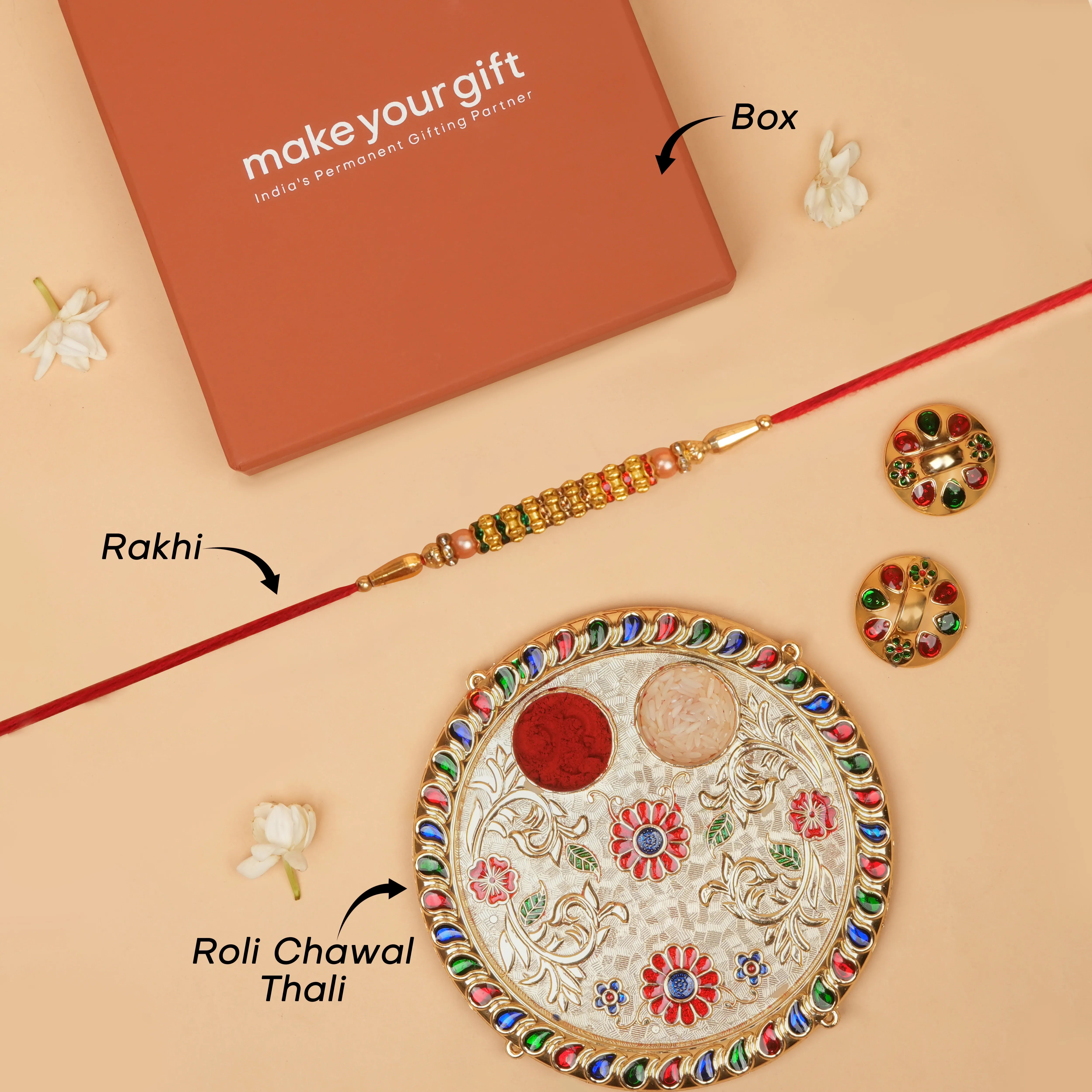 Handcrafted Satrangi Bandhan Rakhi With Roli Chawal Thali