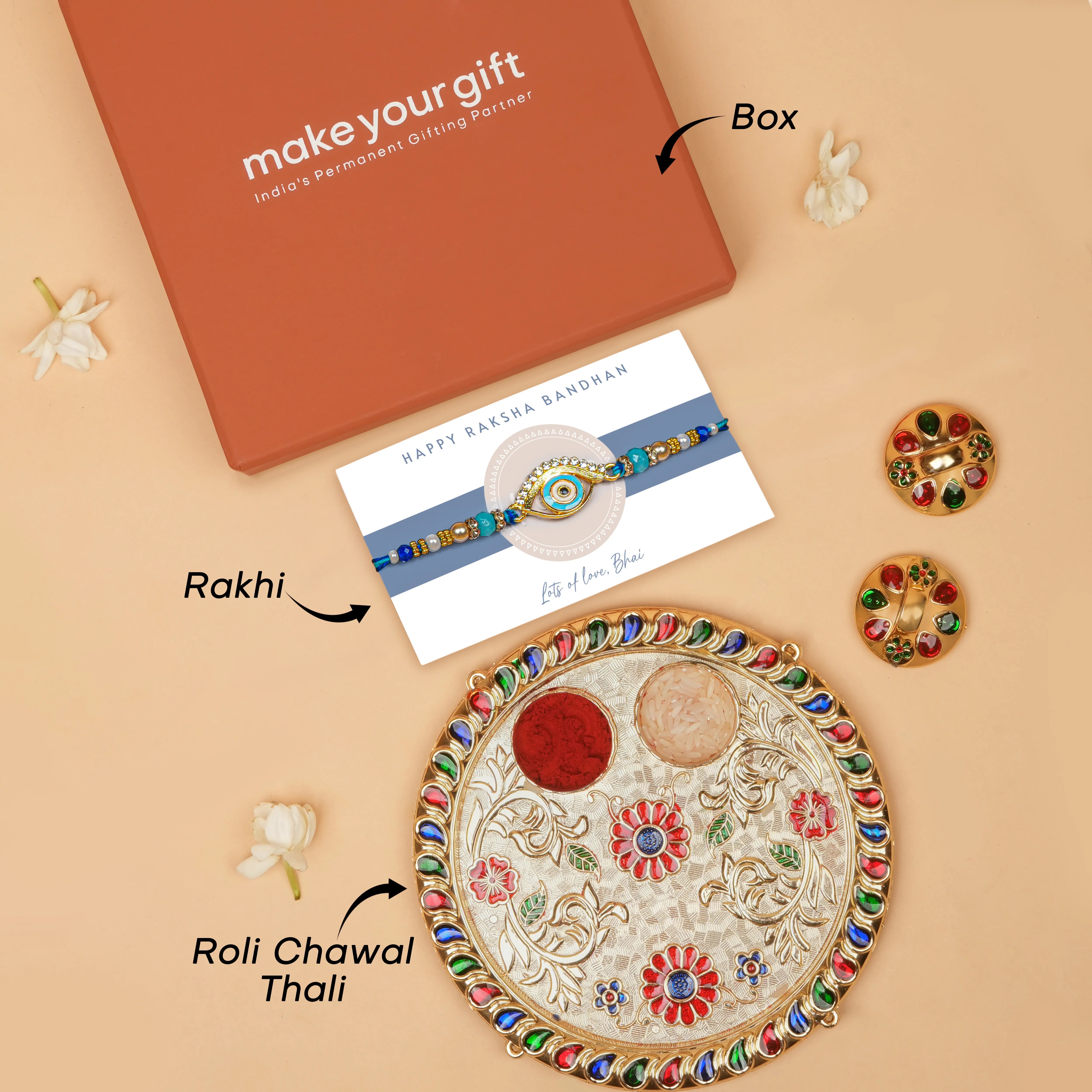 Handcrafted Teardrop Evil Eye Beaded Designer Rakhi With Roli Chawal Thali