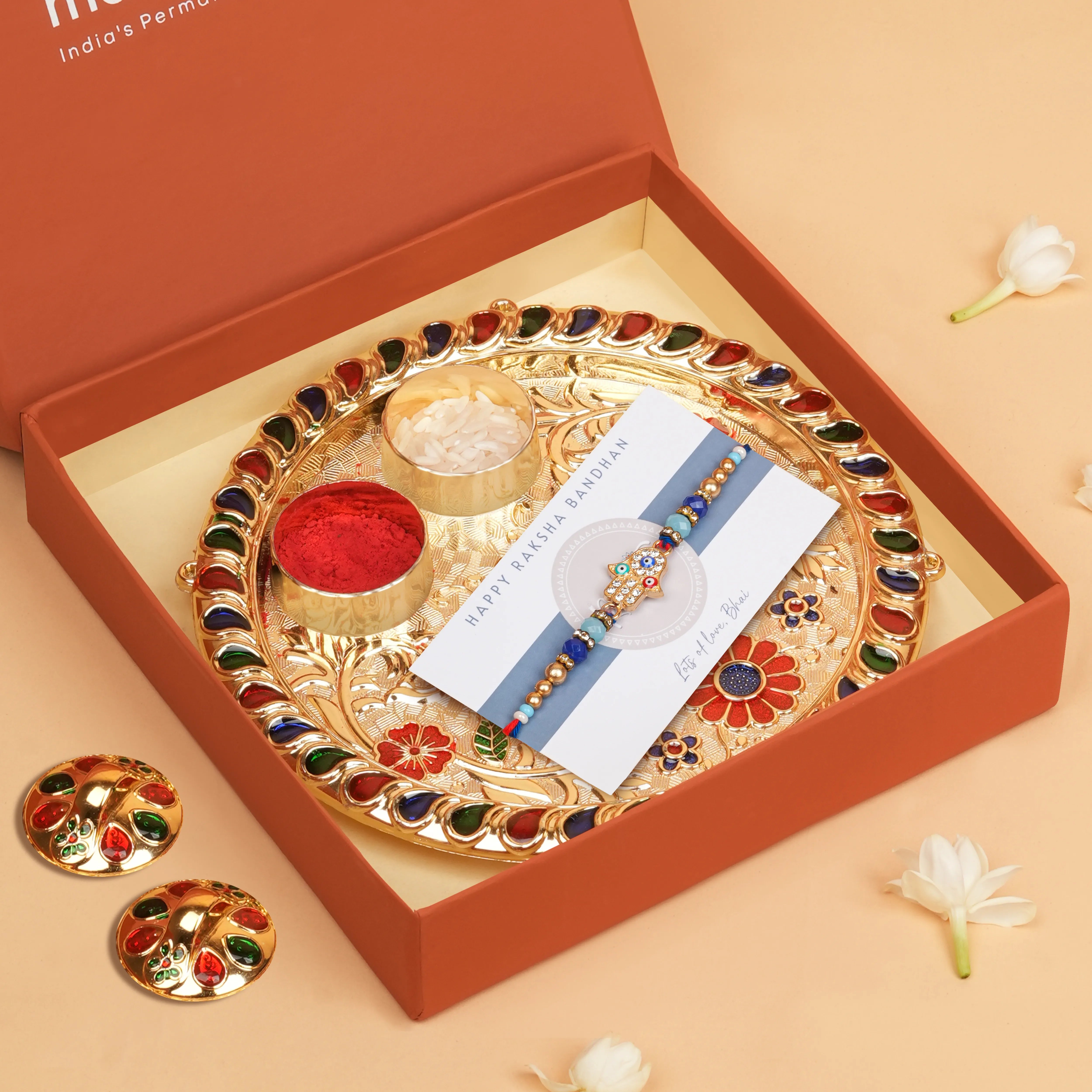 Handcrafted Hamsa Hand Evil Eye Designer Rakhi With Roli Chawal Thali