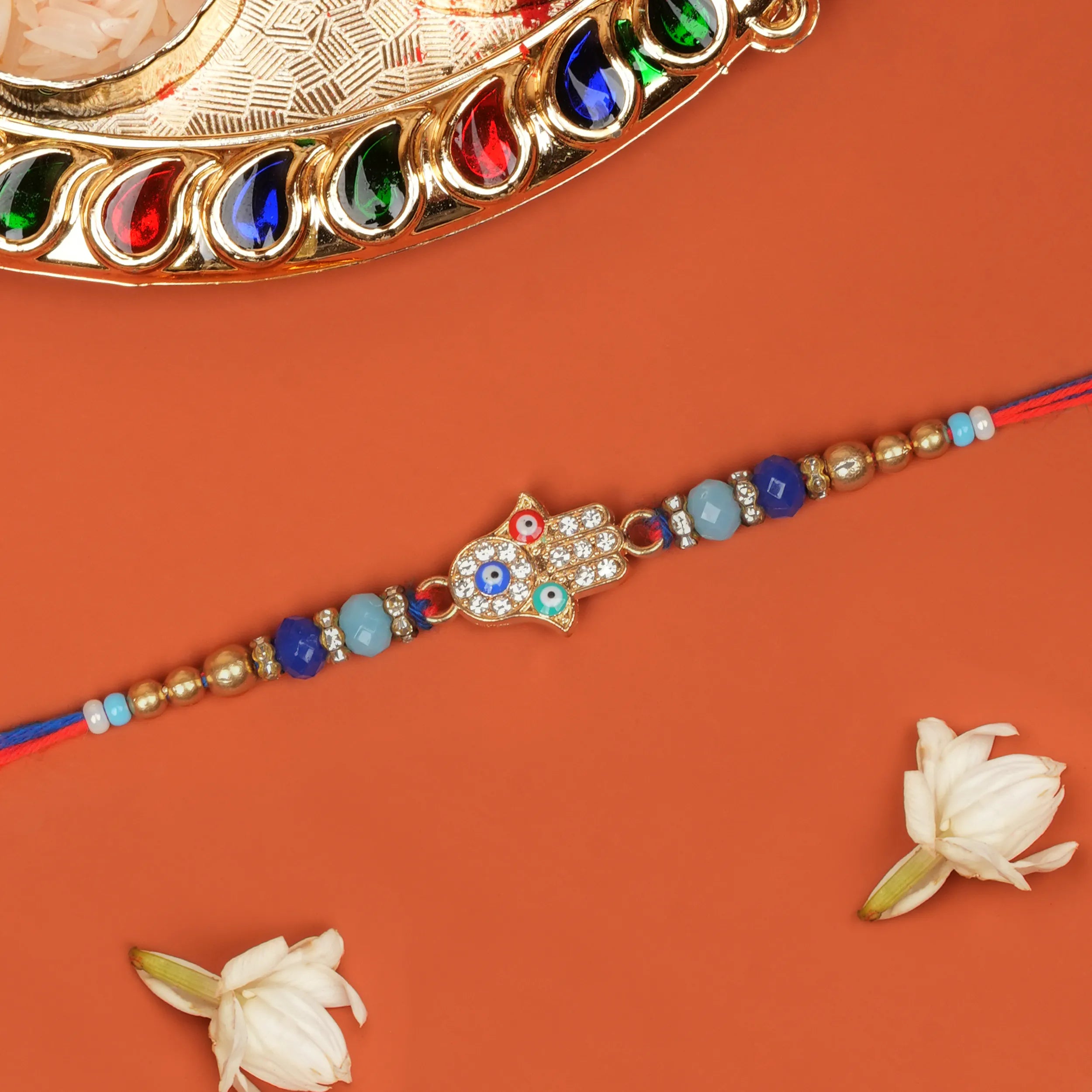 Handcrafted Hamsa Hand Evil Eye Designer Rakhi With Roli Chawal Thali