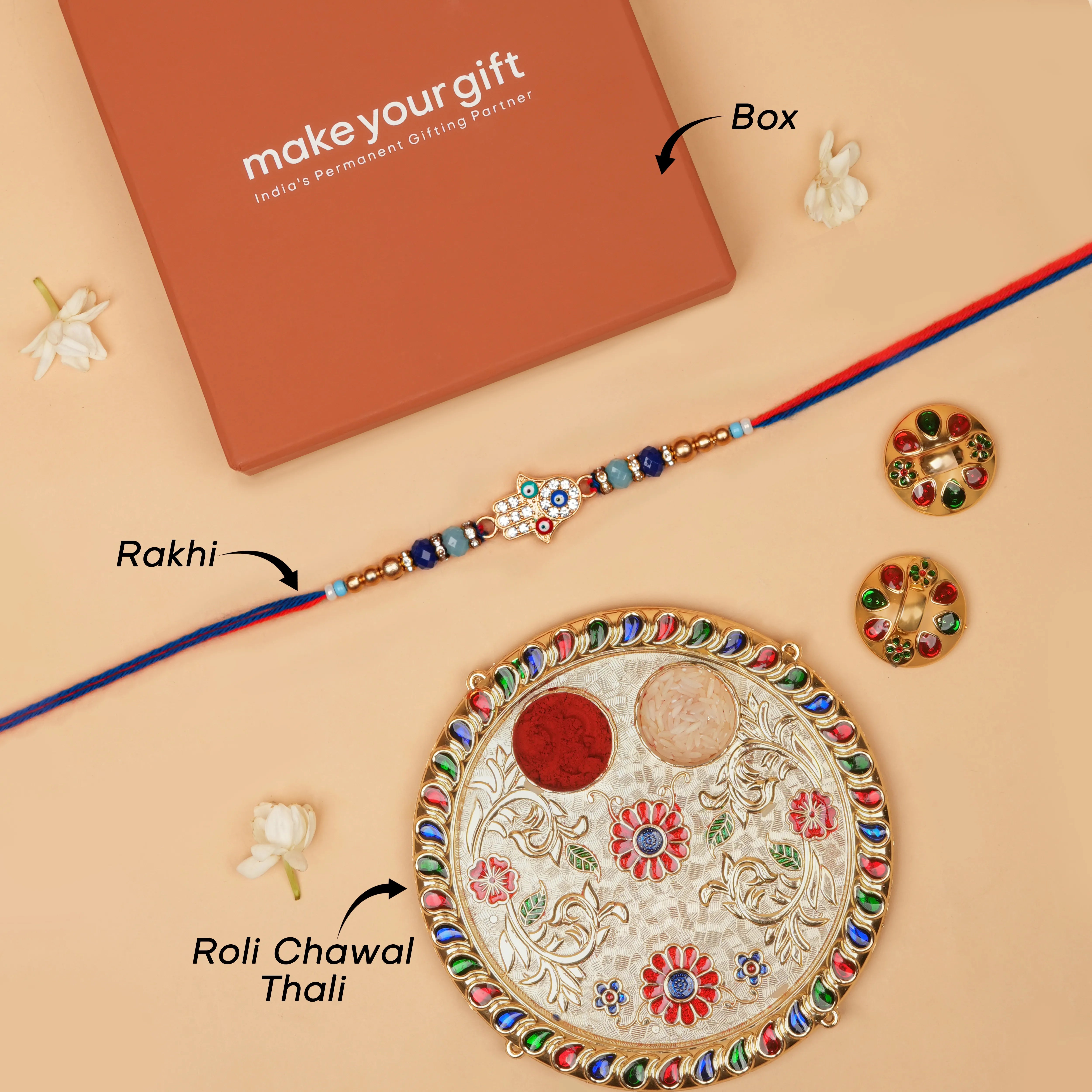 Handcrafted Hamsa Hand Evil Eye Designer Rakhi With Roli Chawal Thali
