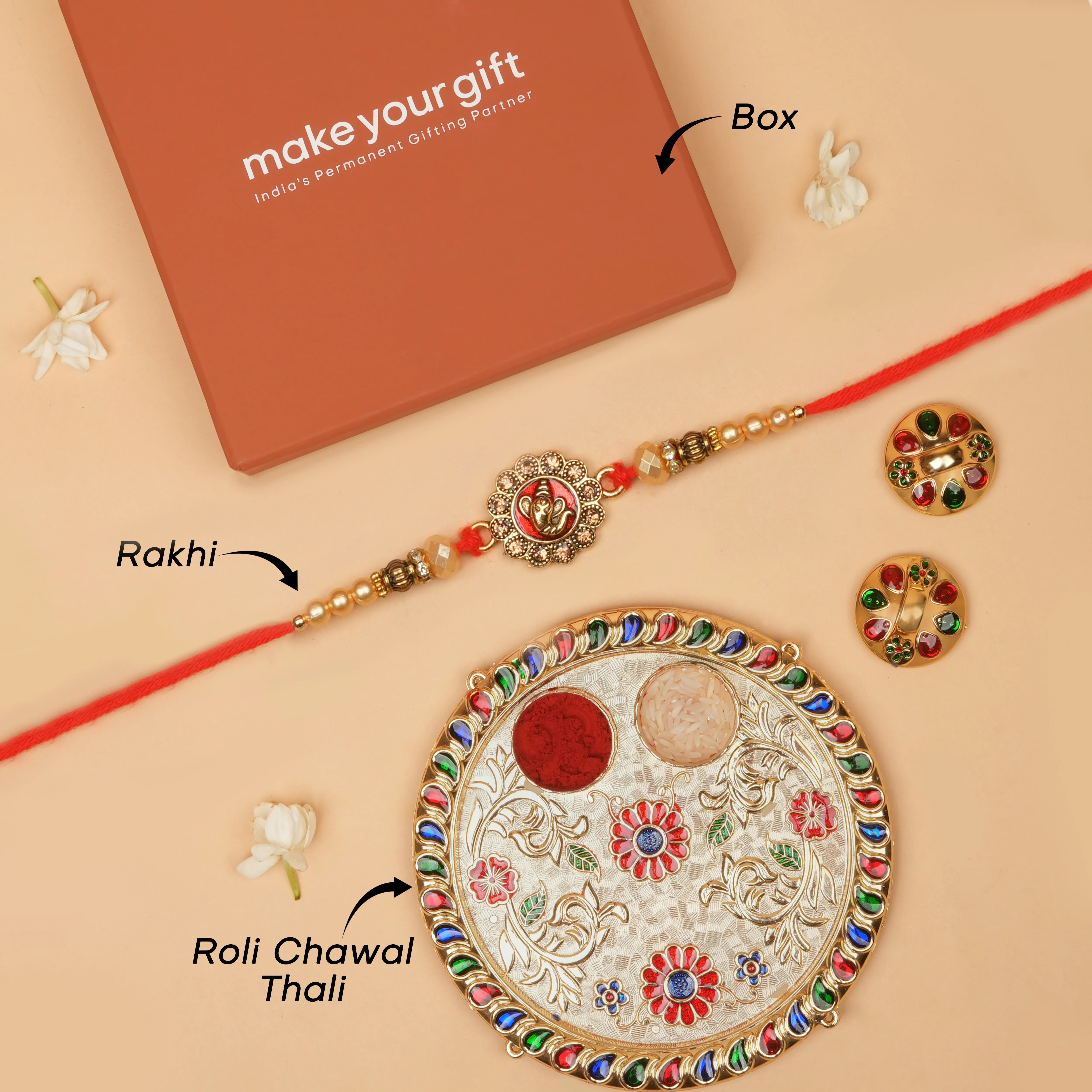 Handcrafted Ganpati Shubh Labh Rakhi With Roli Chawal Thali