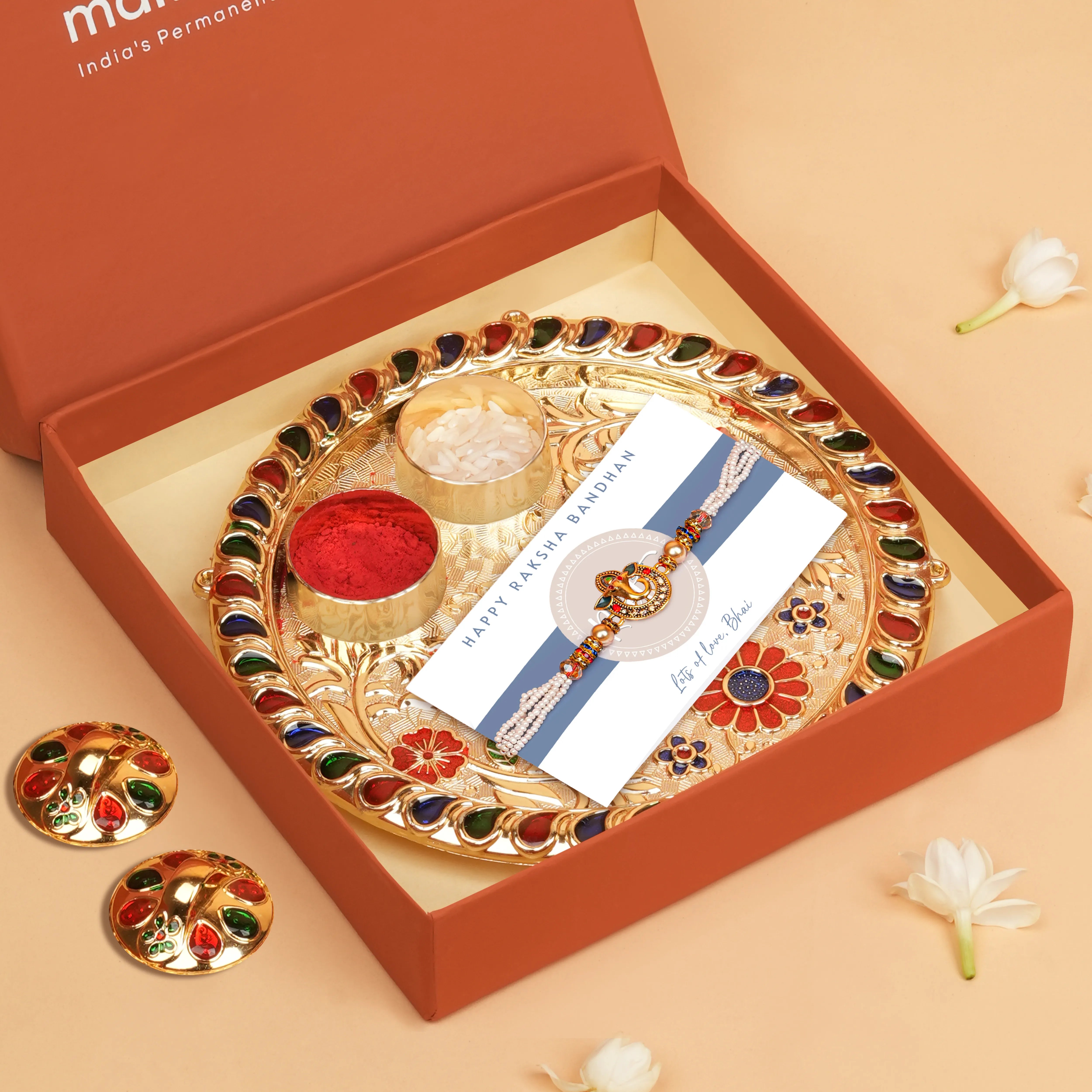 Handcrafted Sri Ganesh Pearl Bead Rakhi With Roli Chawal Thali