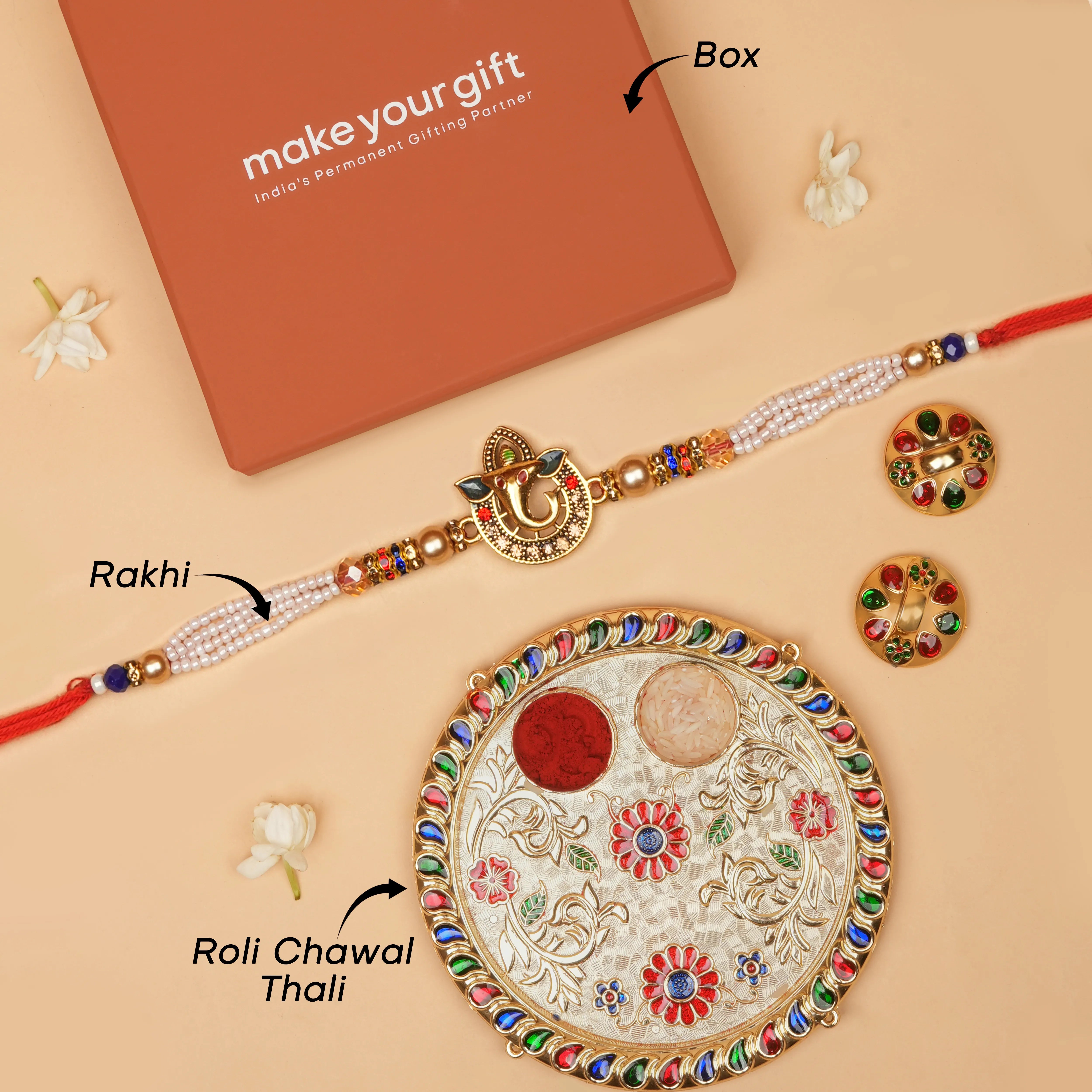 Handcrafted Sri Ganesh Pearl Bead Rakhi With Roli Chawal Thali
