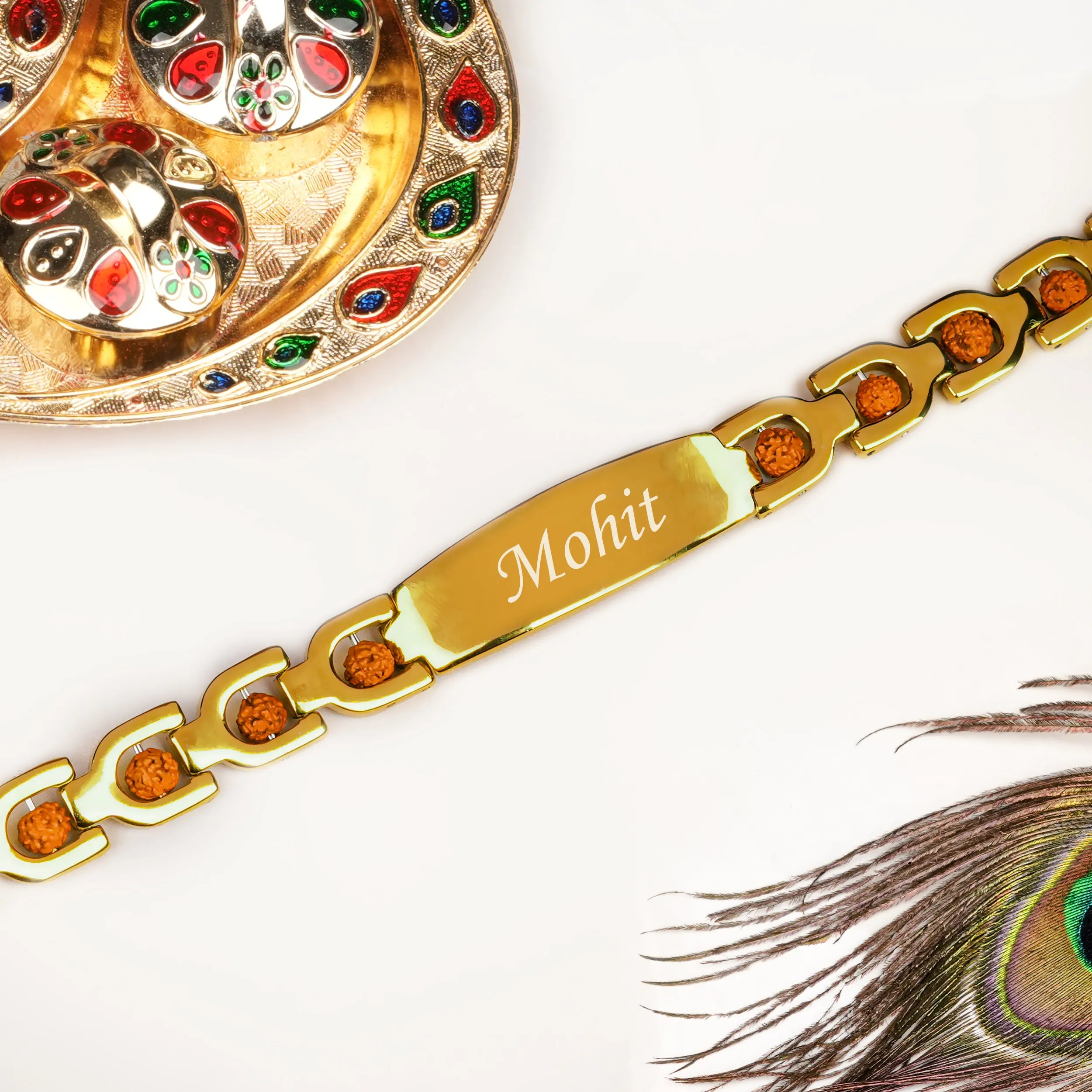 Personalized Bracelet Style Rudraksh Name Rakhi With Roli Chawal Thali