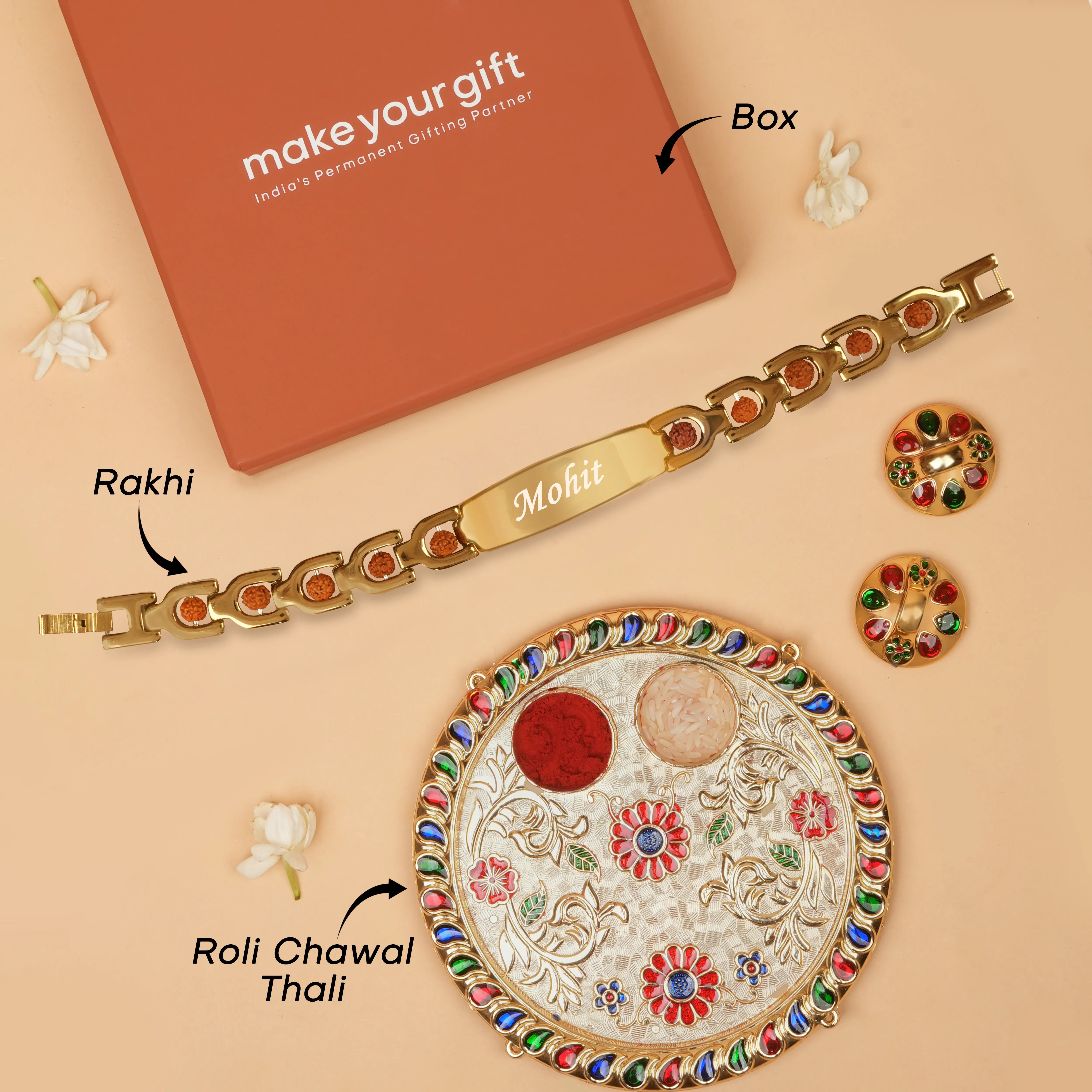 Personalized Bracelet Style Rudraksh Name Rakhi With Roli Chawal Thali