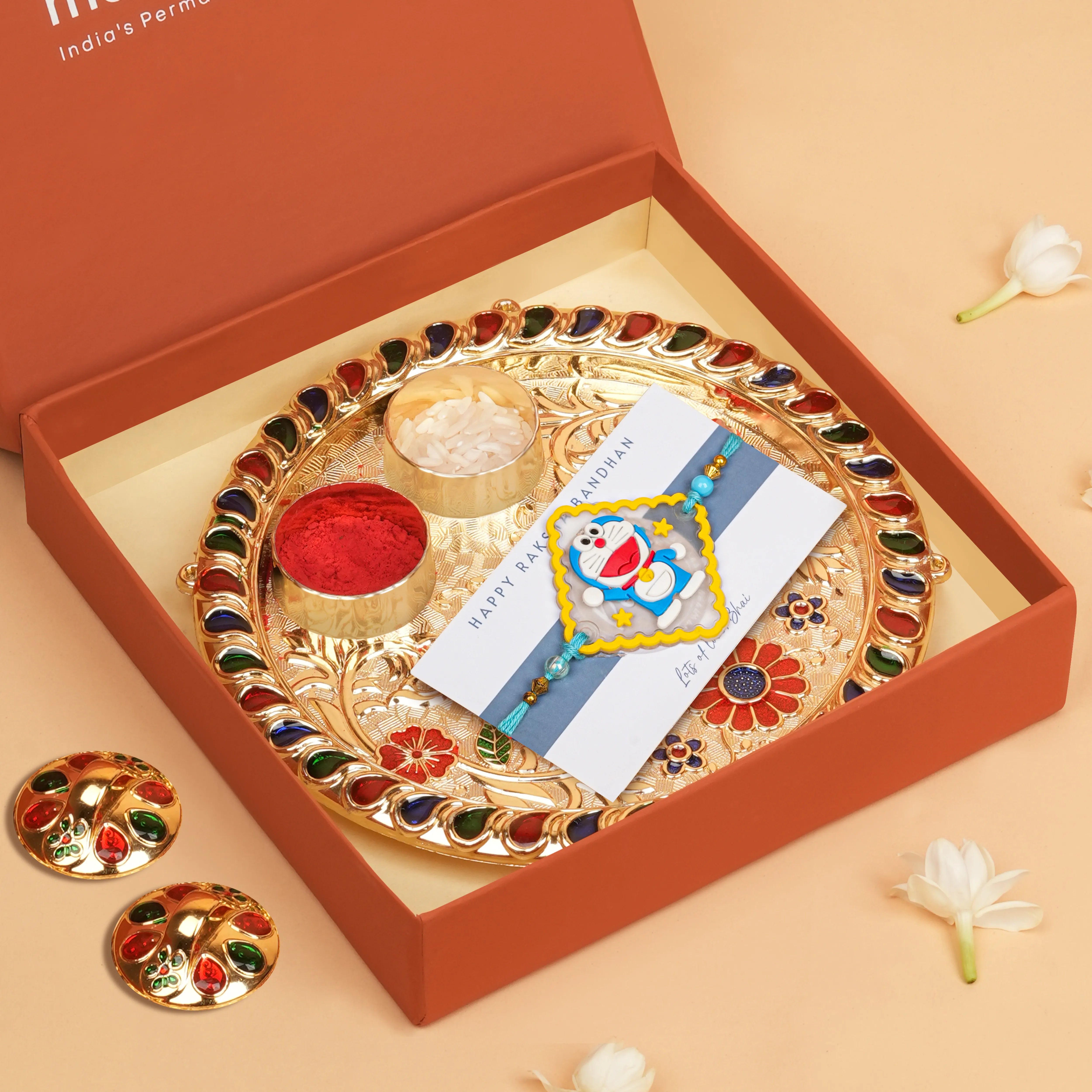 Handcrafted Doraemon Kids Rakhi With Roli Chawal Thali