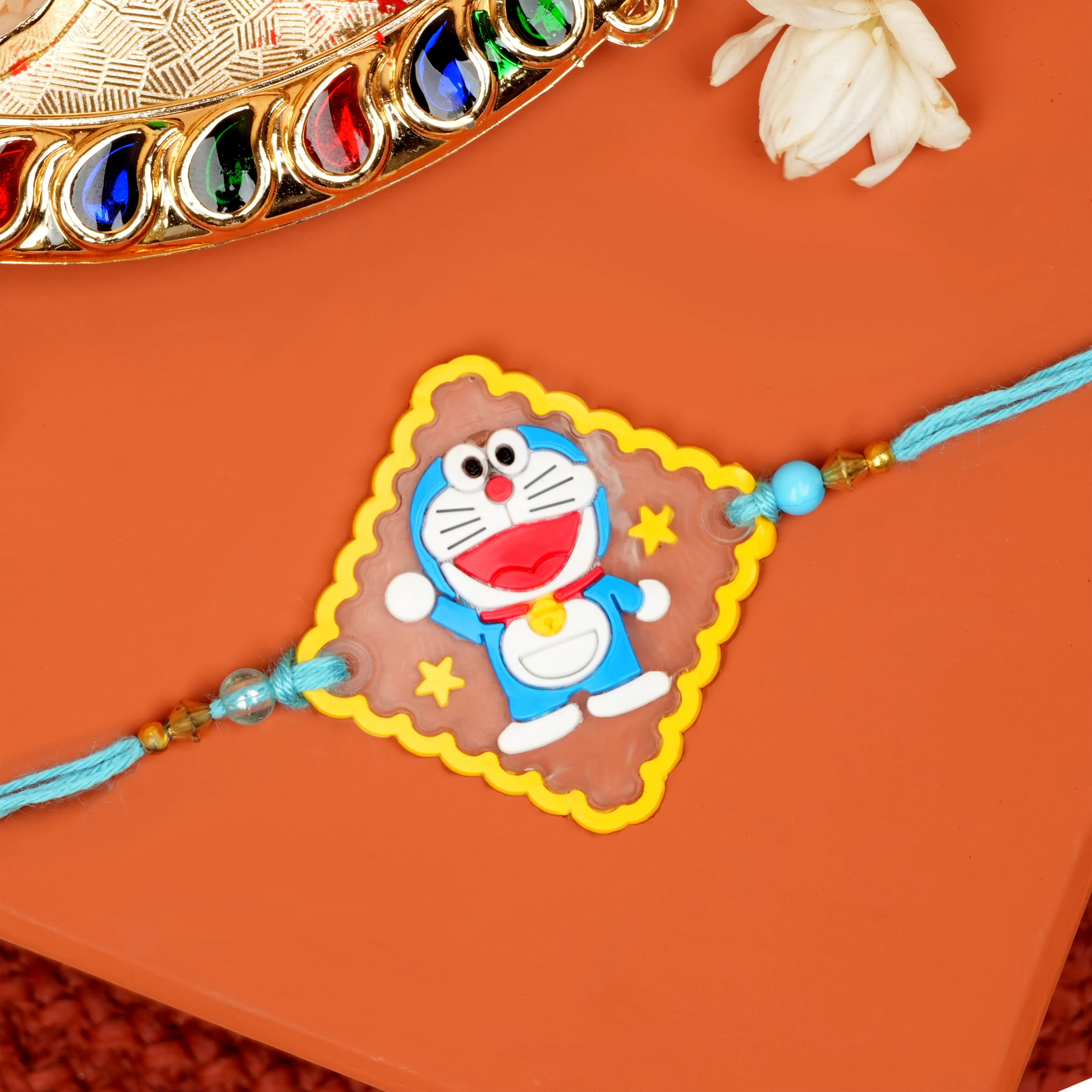 Handcrafted Doraemon Kids Rakhi With Roli Chawal Thali