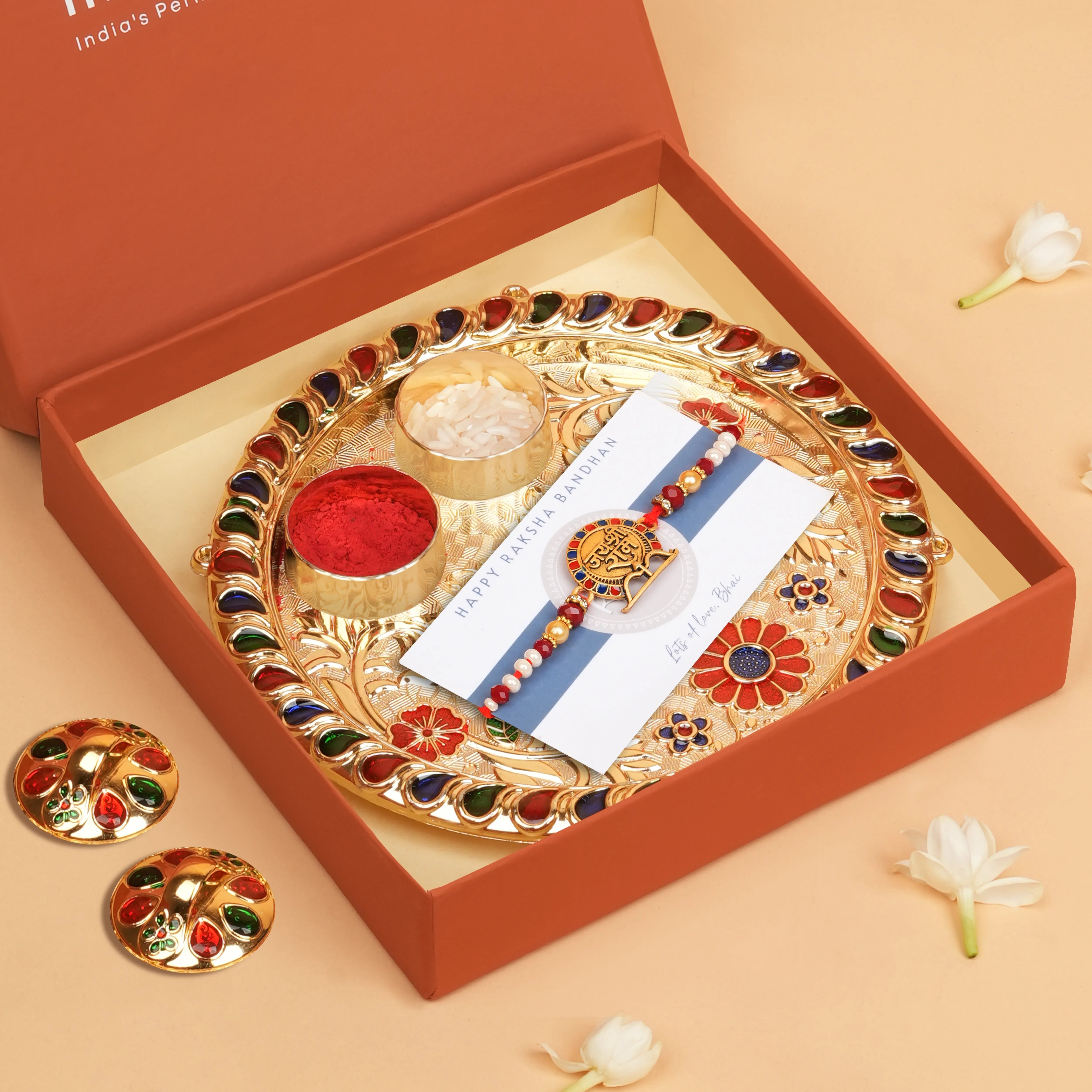 Handcrafted Jai Shri Ram Rakhi With Roli Chawal Thali