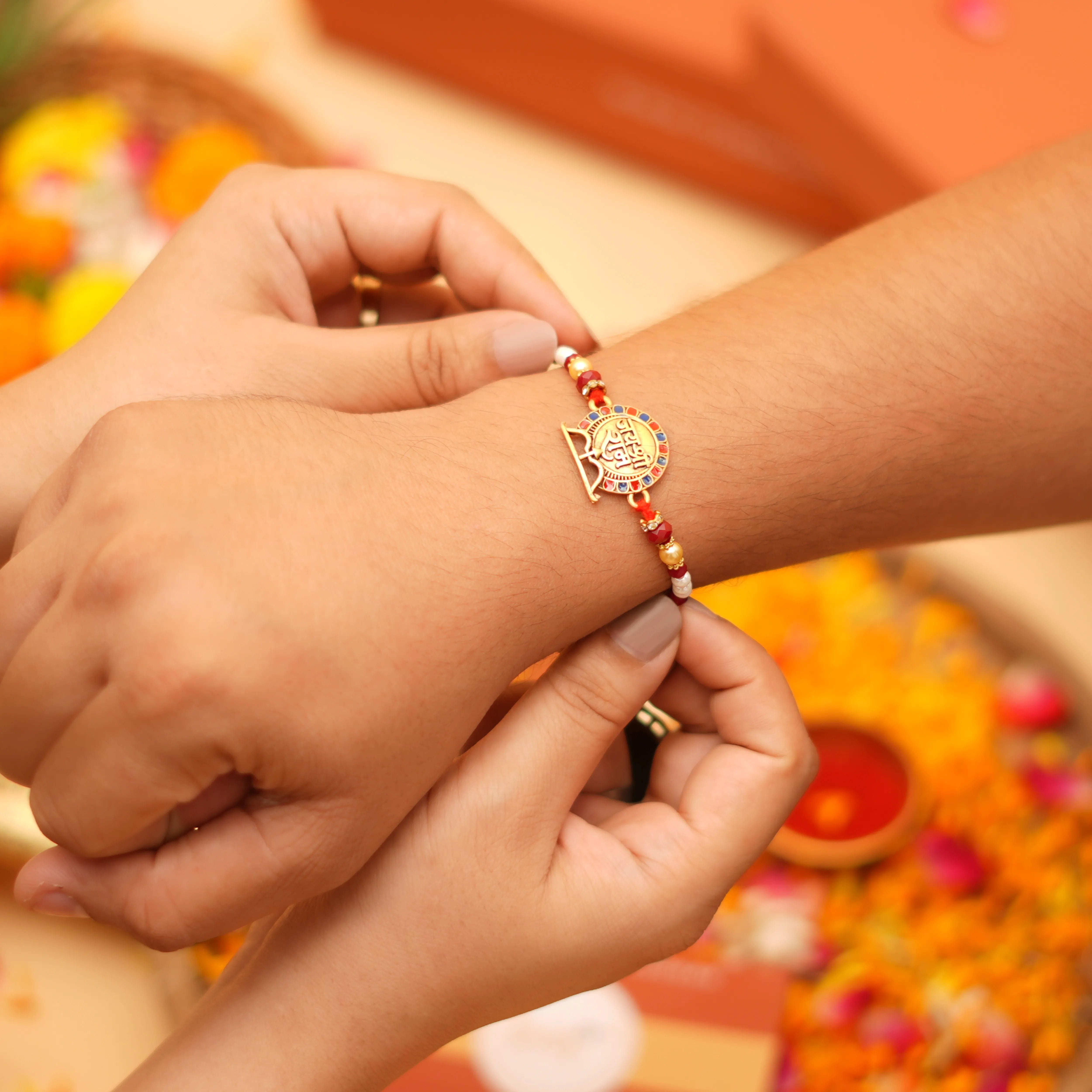Handcrafted Jai Shri Ram Rakhi With Roli Chawal Thali