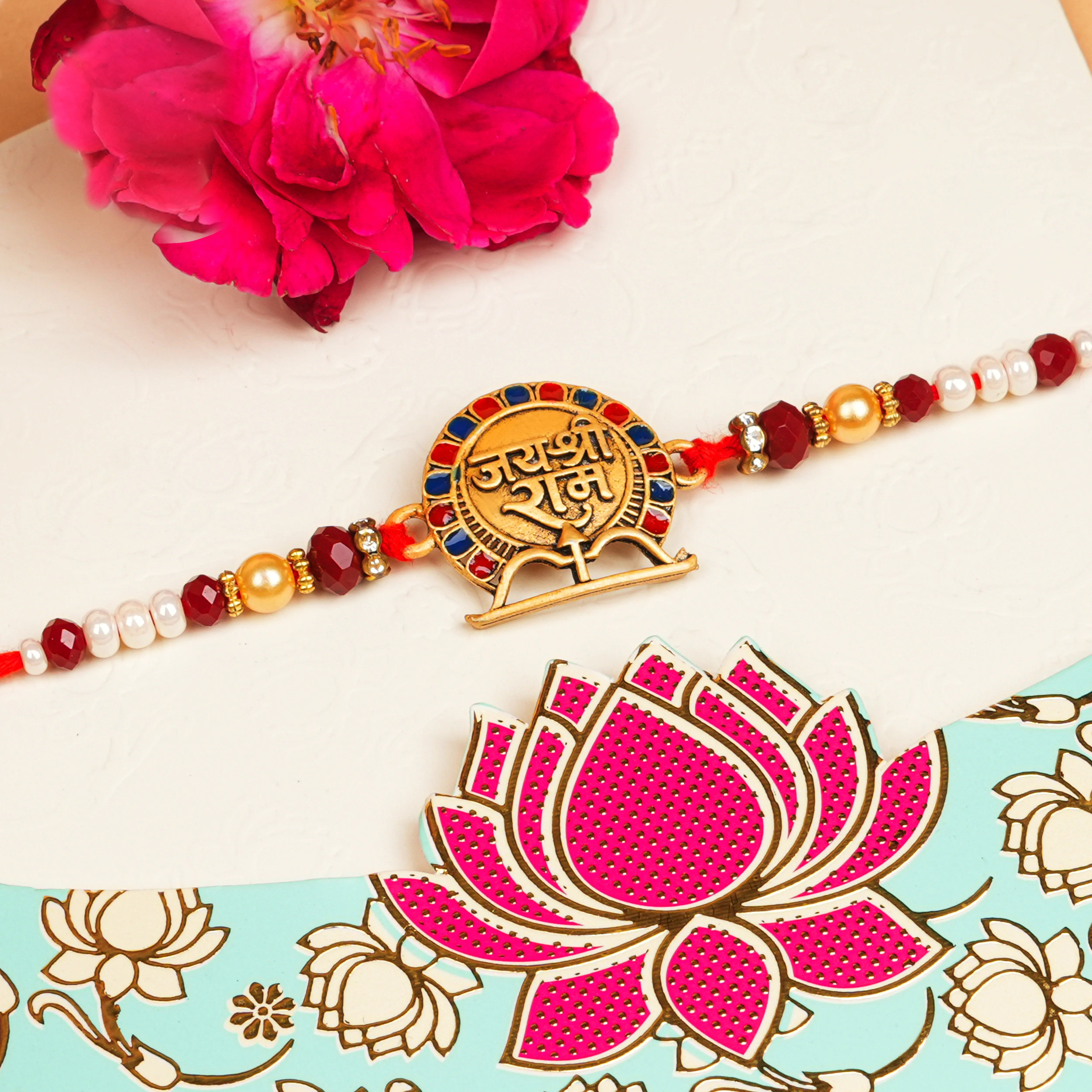Handcrafted Jai Shri Ram Rakhi With Roli Chawal Thali
