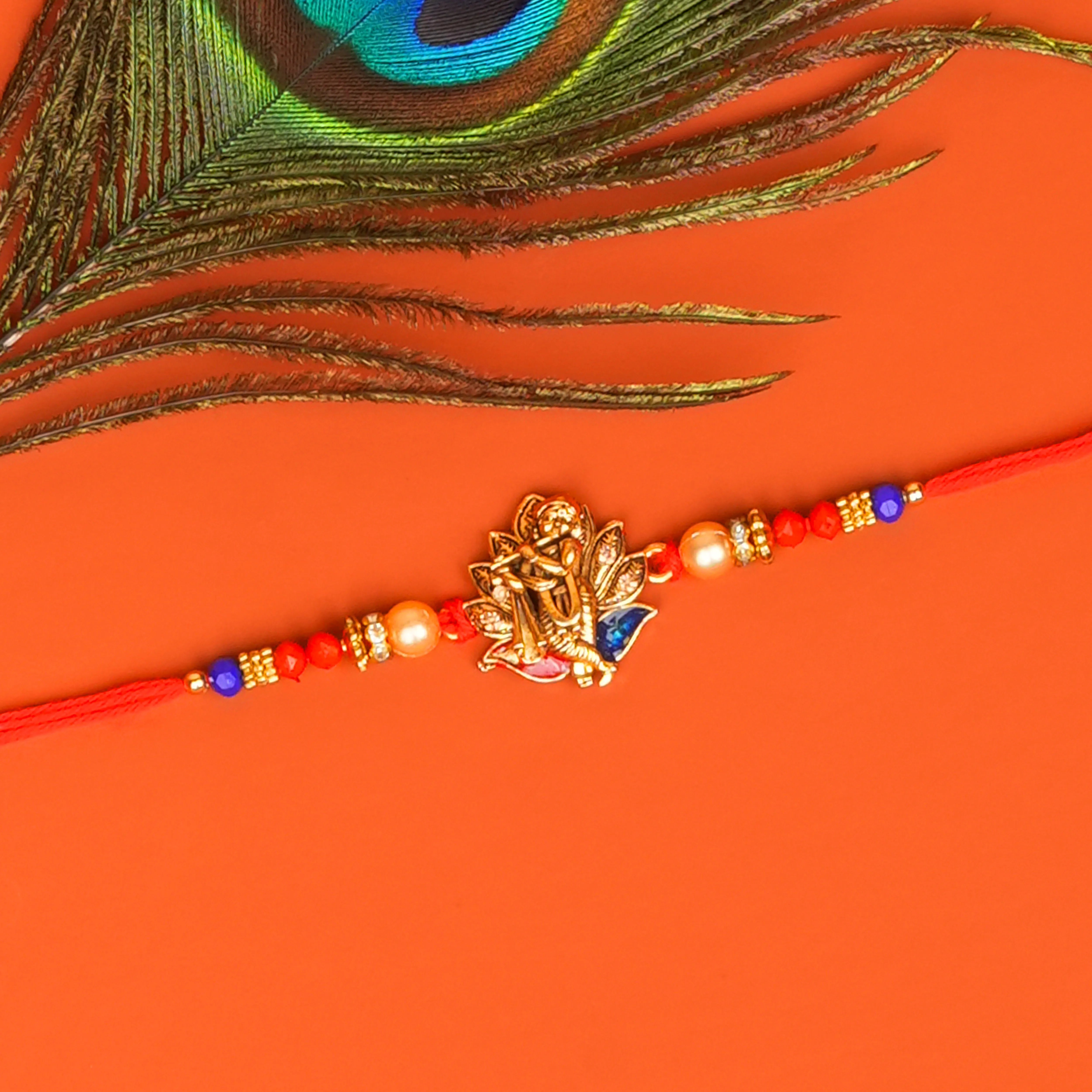 Handcrafted Shree Krishna Divine Beads Rakhi With Roli Chawal Thali