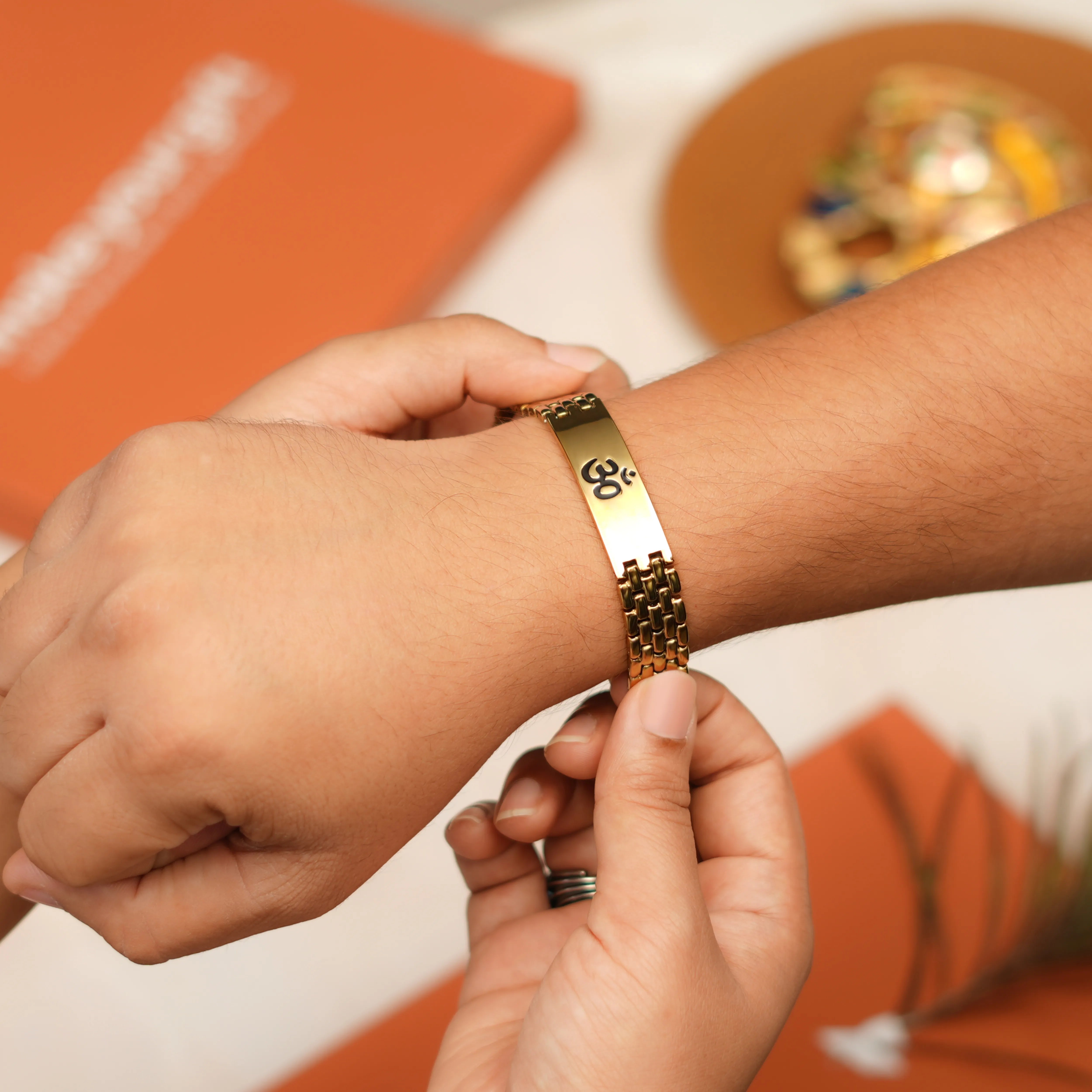 Om Engraved Bracelet Style Rakhi With Roli Chawal Thali