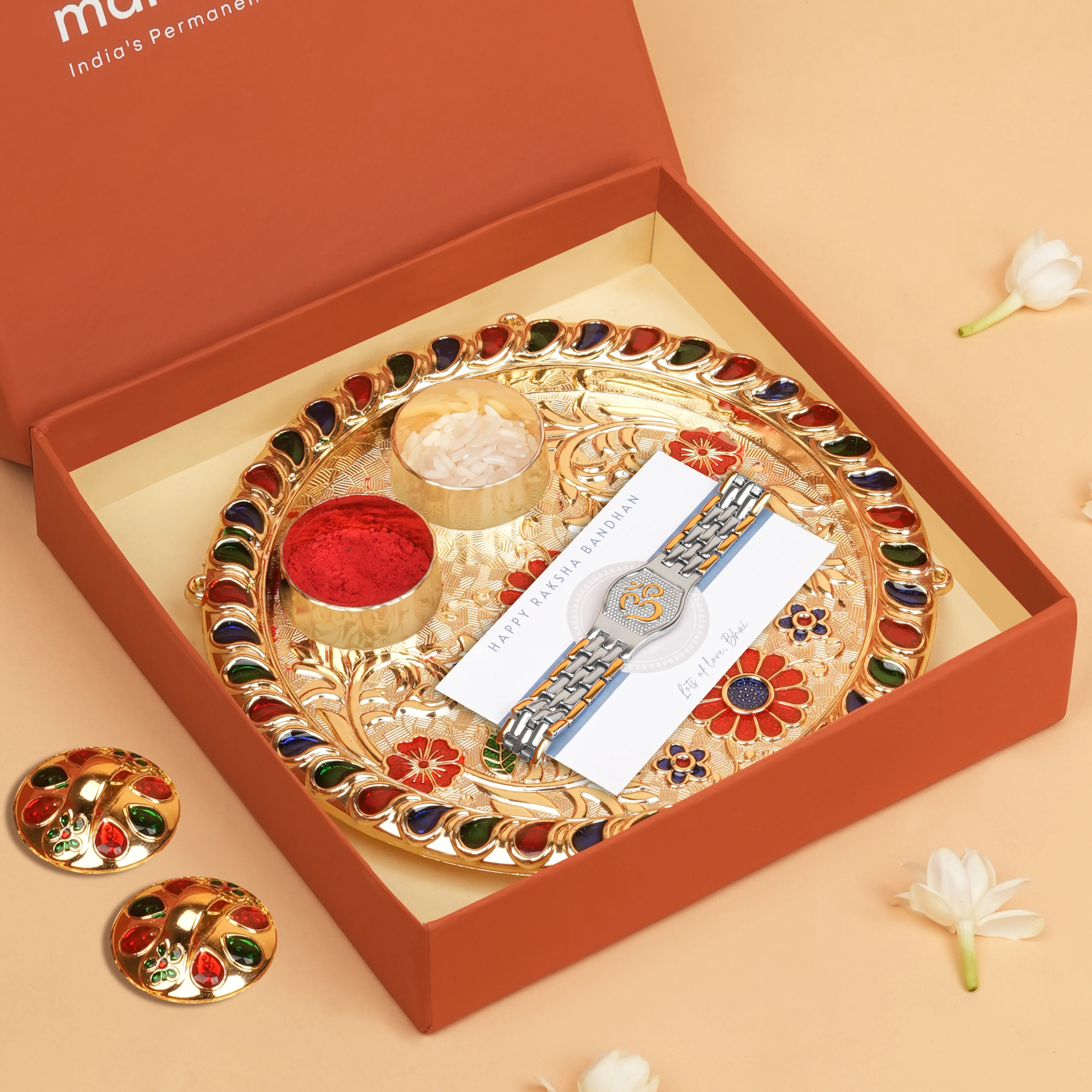 Om Engraved Dual-Color Bracelet Style Rakhi With Roli Chawal Thali