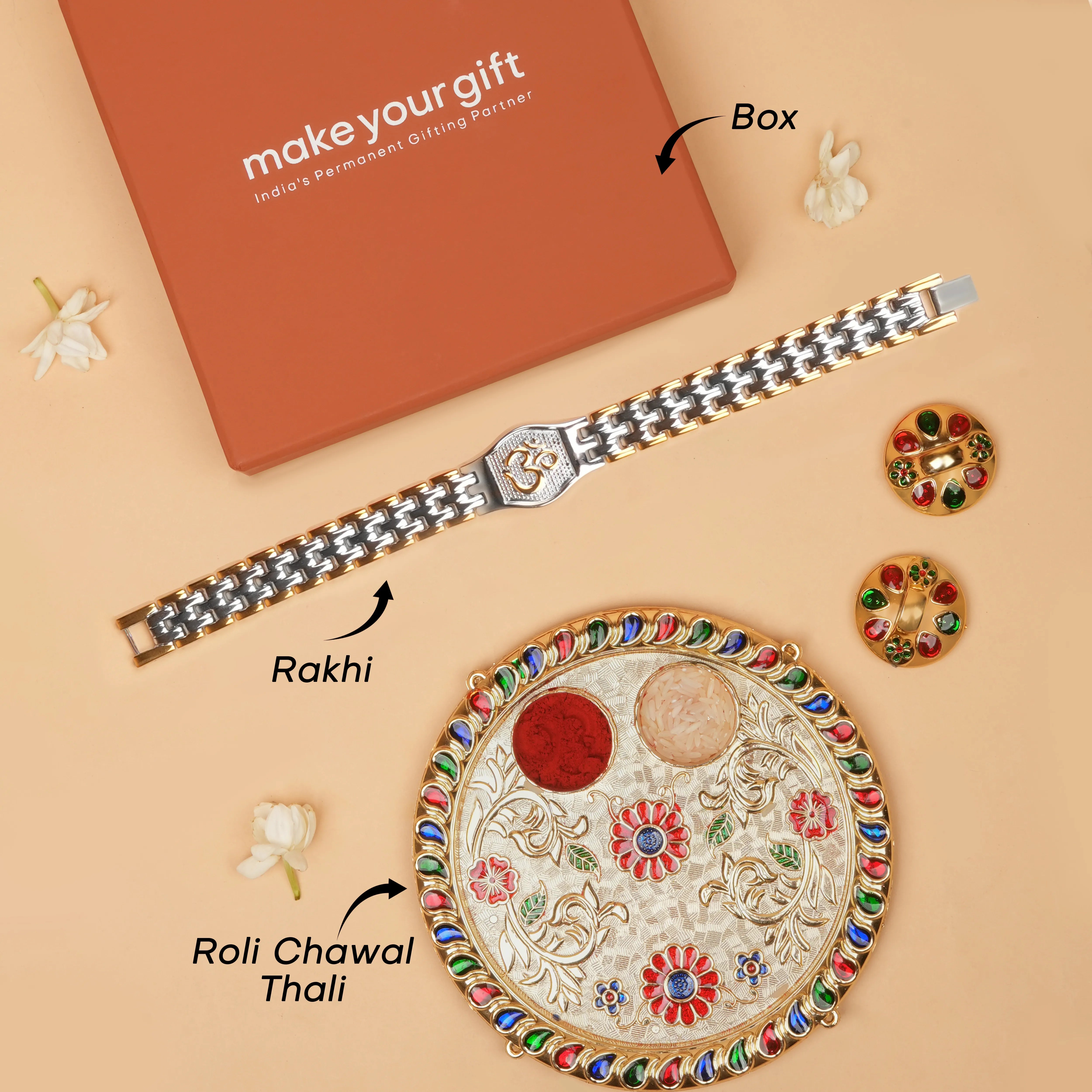 Om Engraved Dual-Color Bracelet Style Rakhi With Roli Chawal Thali