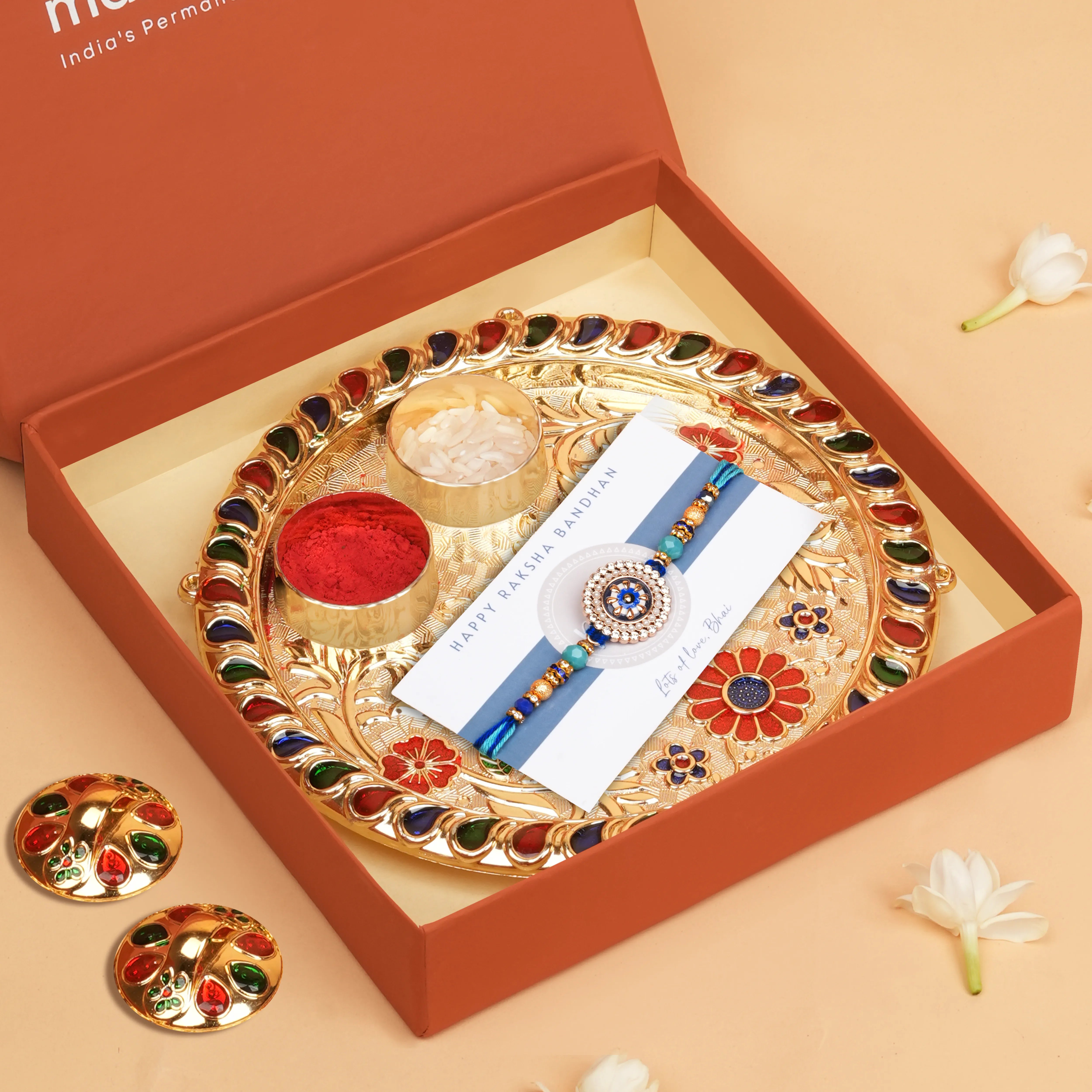 Handcrafted Neel Ratna Studded Rakhi With Roli Chawal Thali