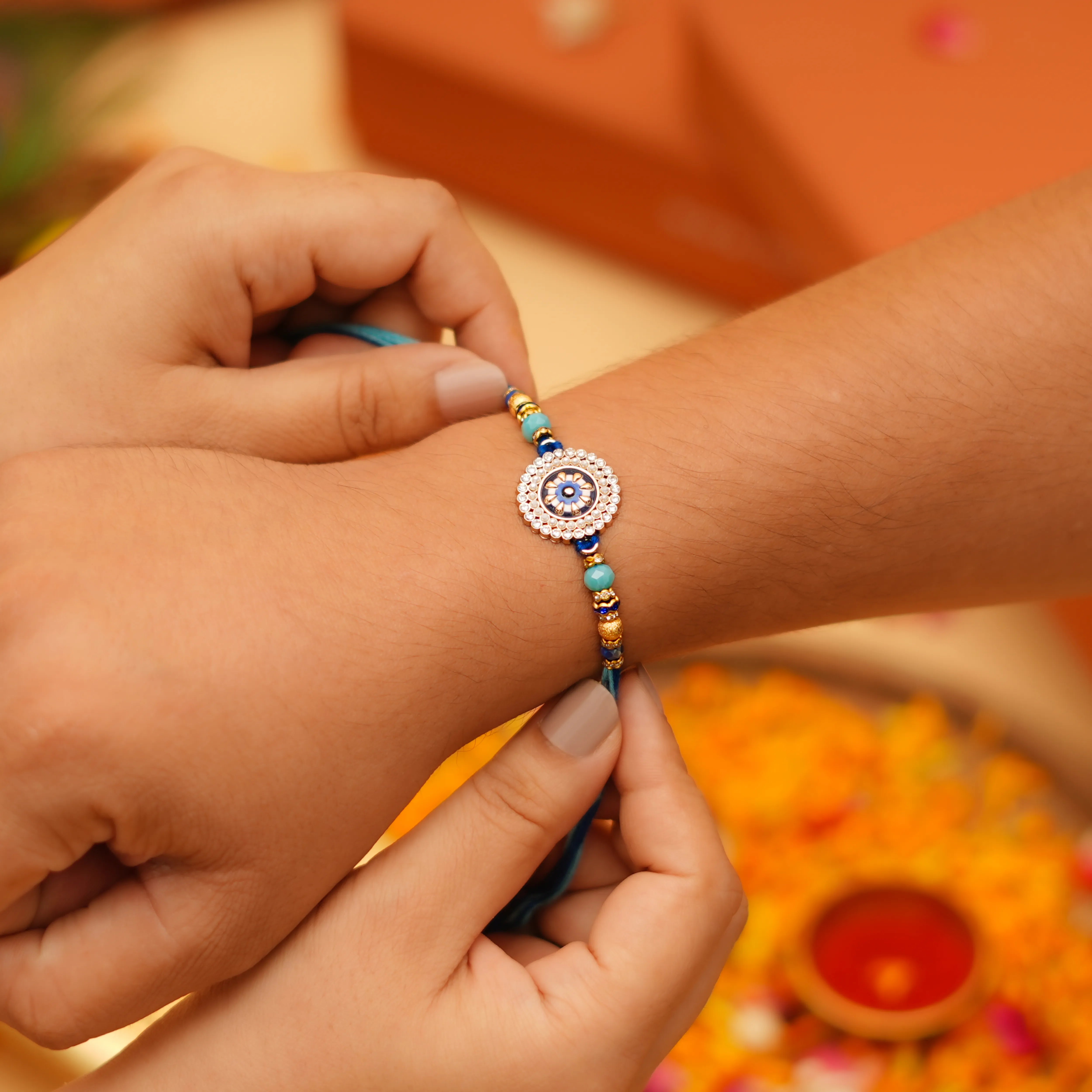 Handcrafted Neel Ratna Studded Rakhi With Roli Chawal Thali