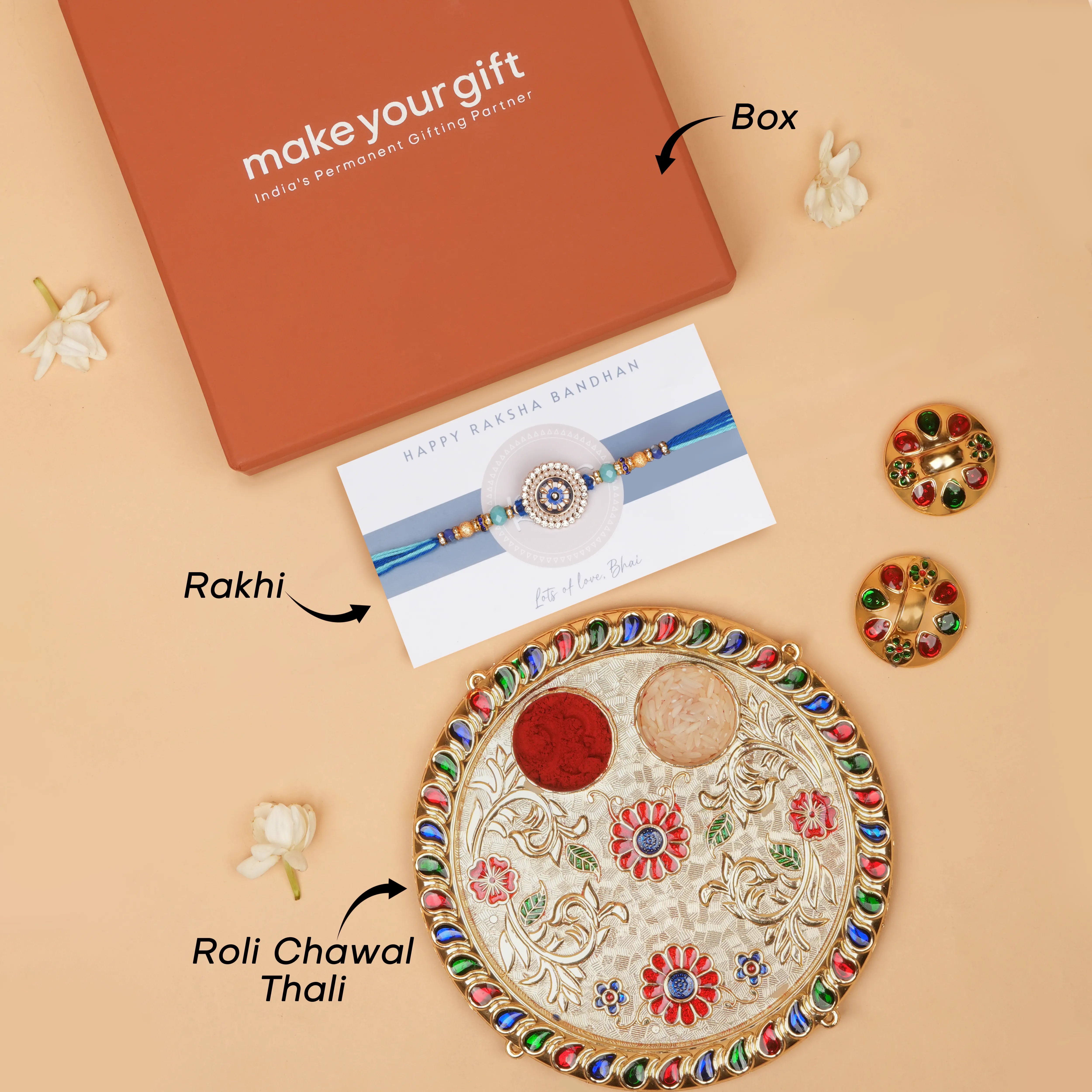 Handcrafted Neel Ratna Studded Rakhi With Roli Chawal Thali