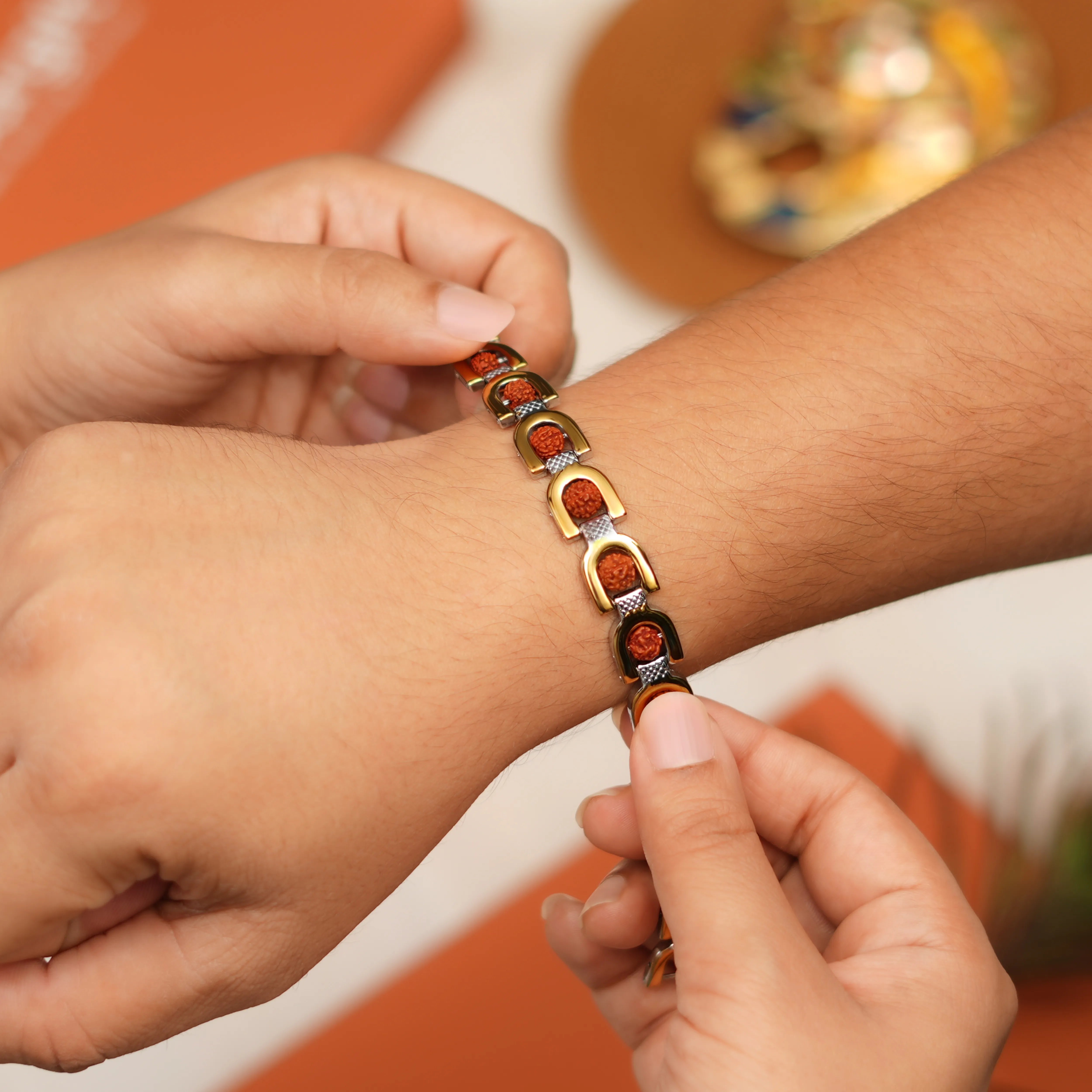 Royale Rudraksh Bracelet Style Rakhi With Roli Chawal Thali