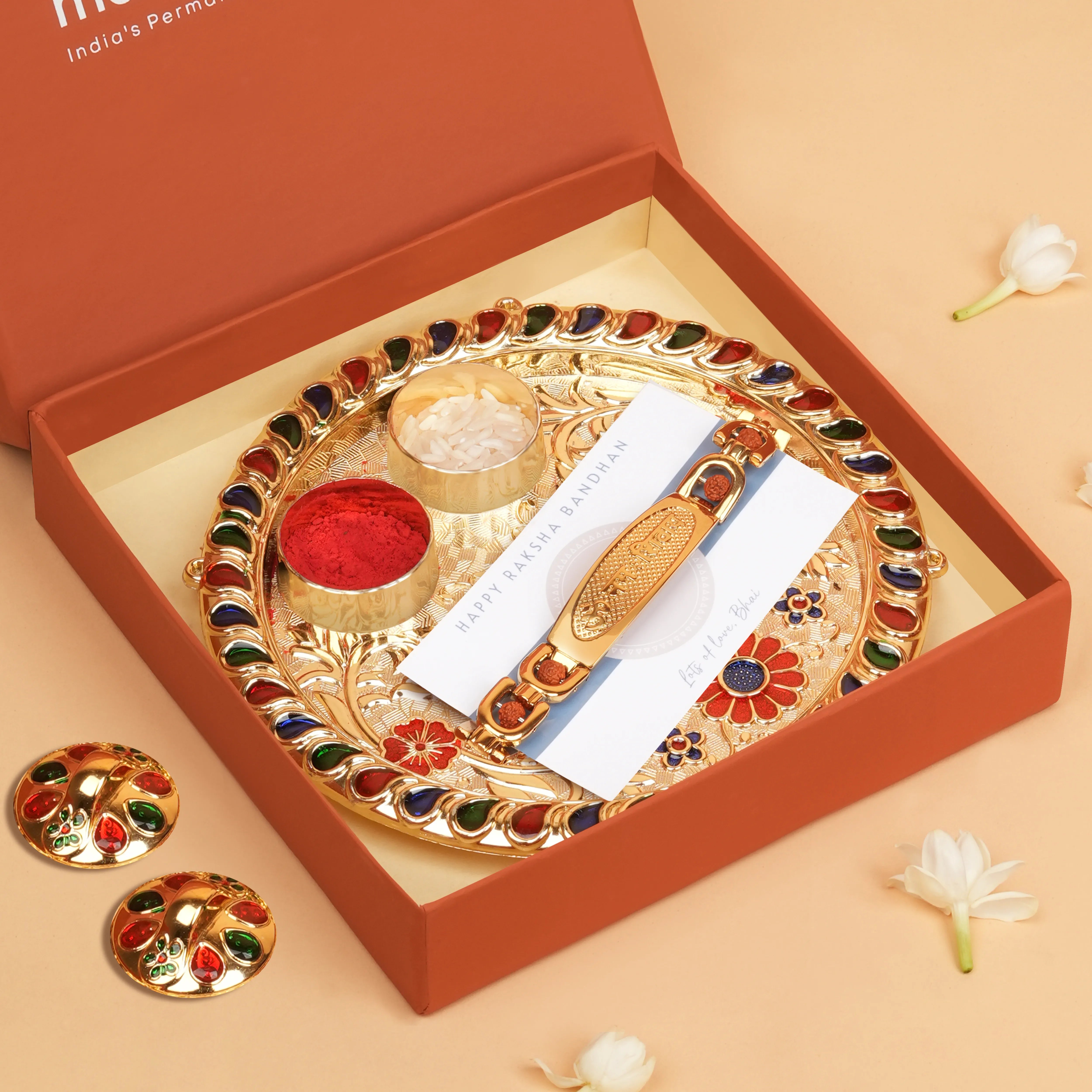 Om Namah Shivay Bracelet Style Rudraksh Rakhi With Roli Chawal Thali