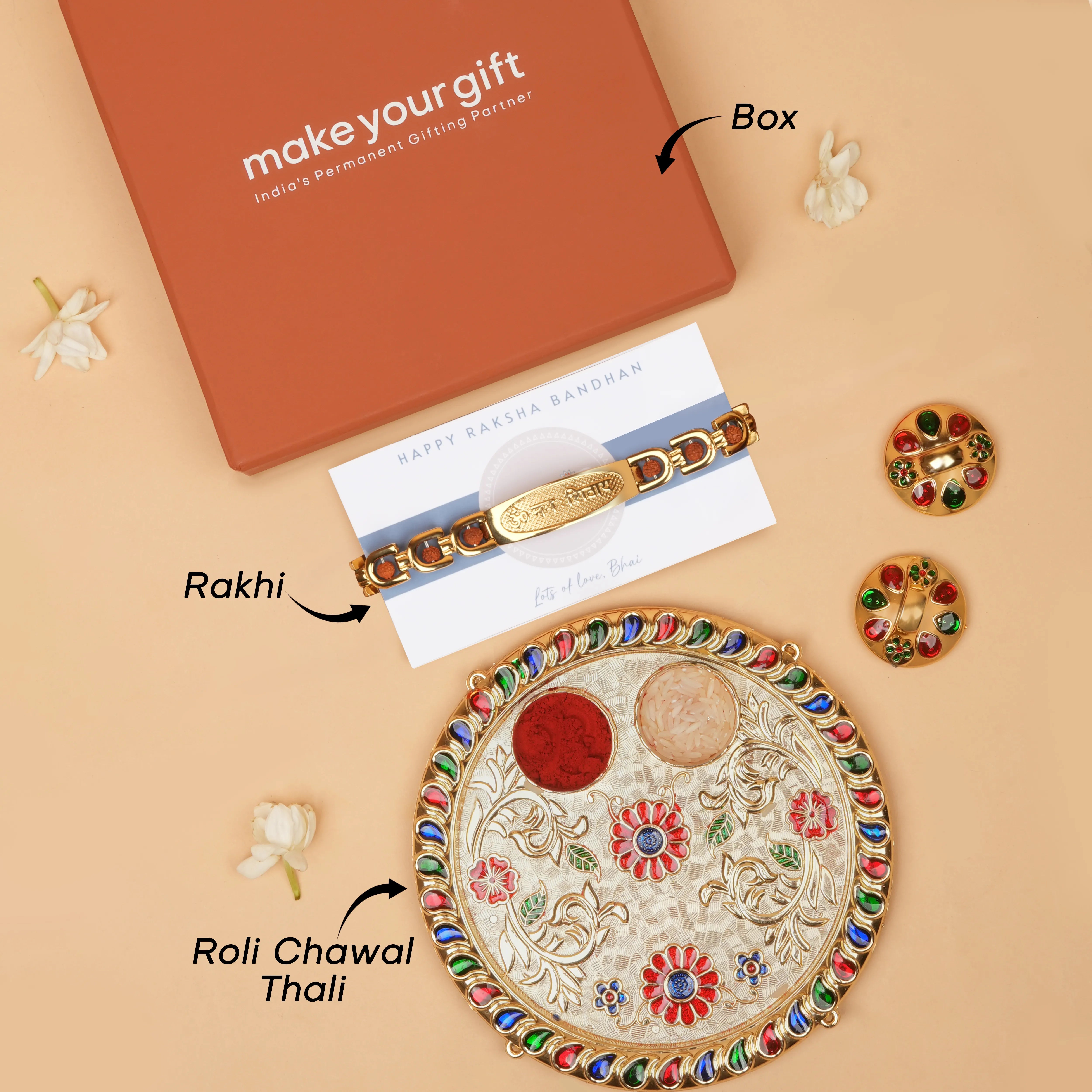 Om Namah Shivay Bracelet Style Rudraksh Rakhi With Roli Chawal Thali