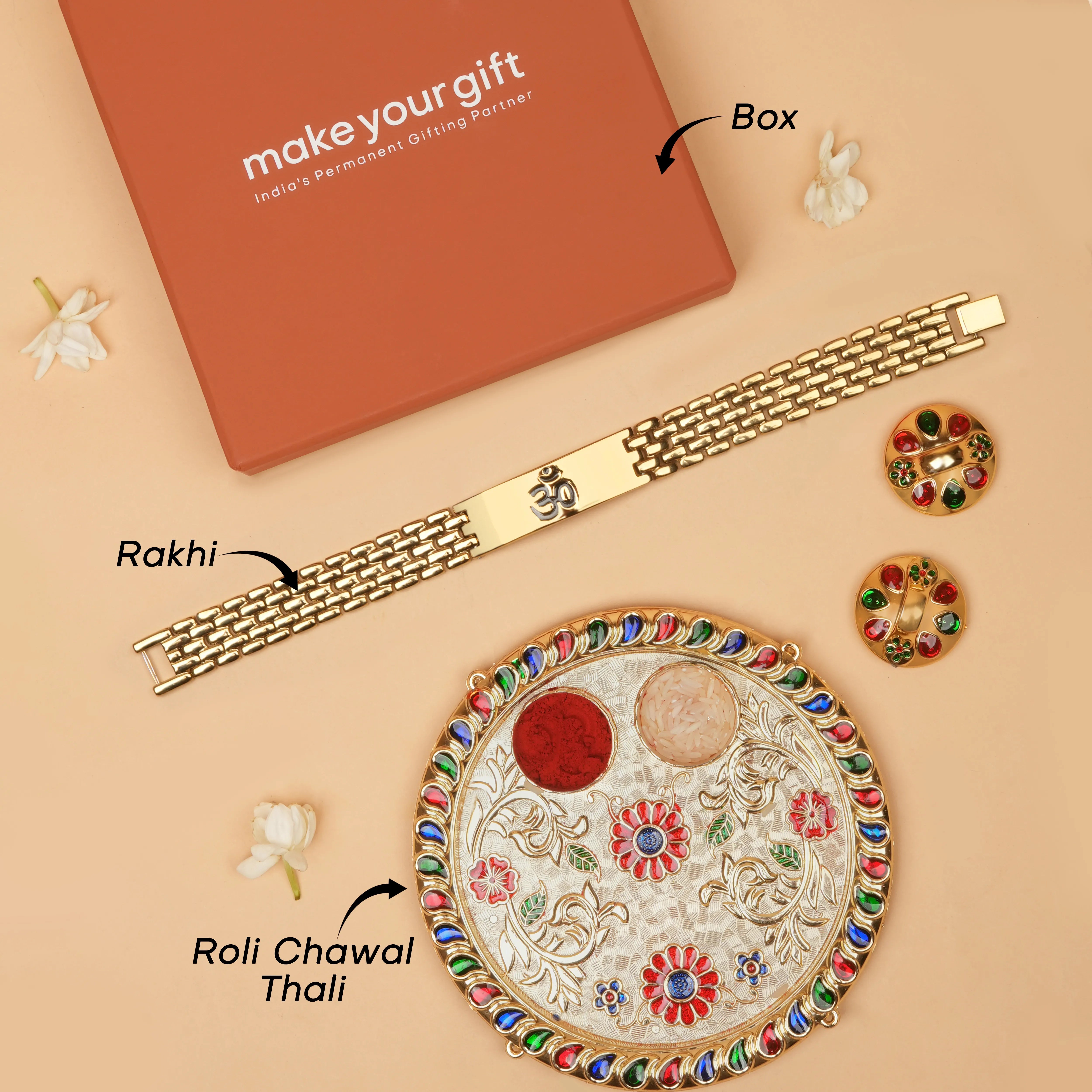 Om Engraved Bracelet Style Rakhi With Roli Chawal Thali