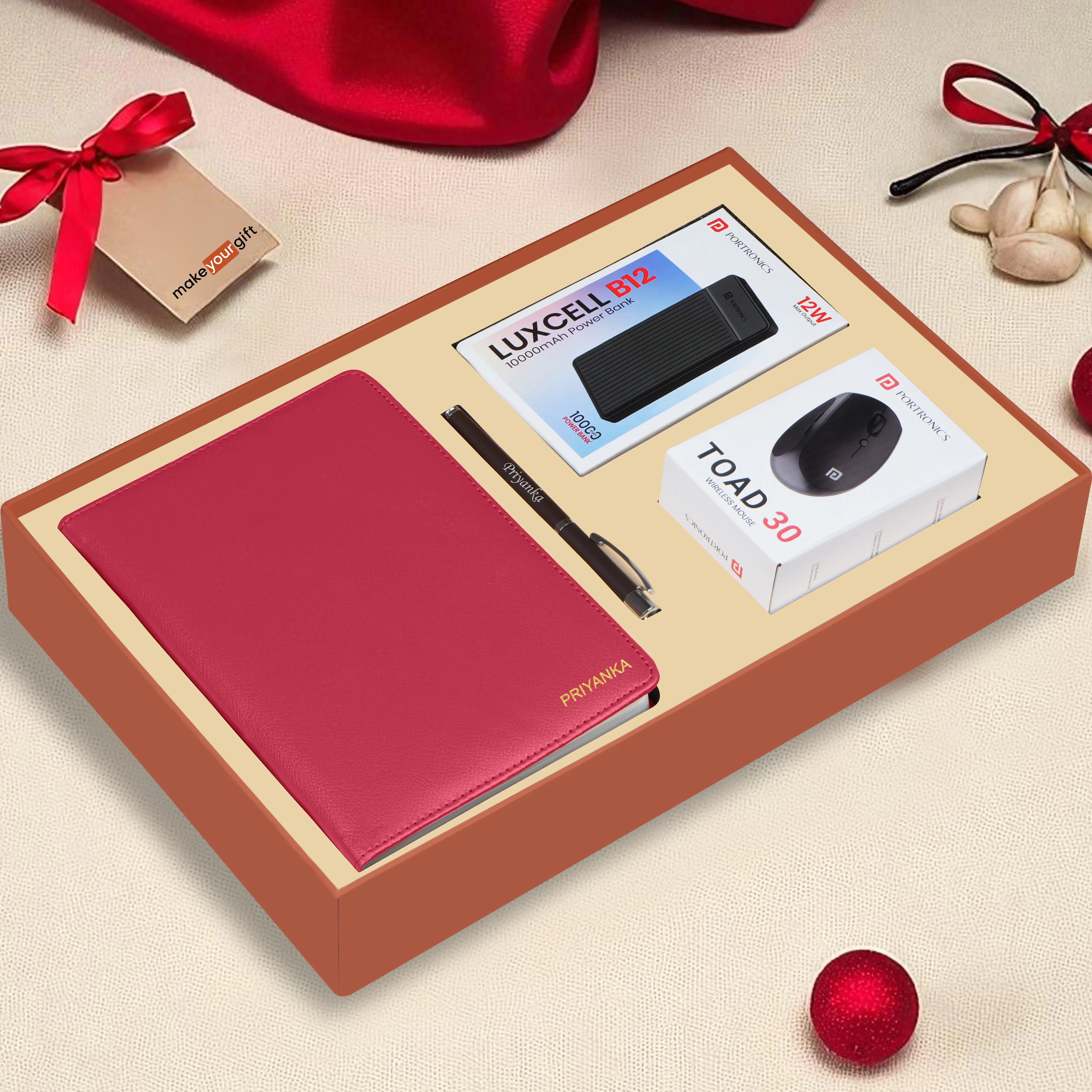 Personalized Diary, Pen, Power Bank & Mouse Gift Hamper