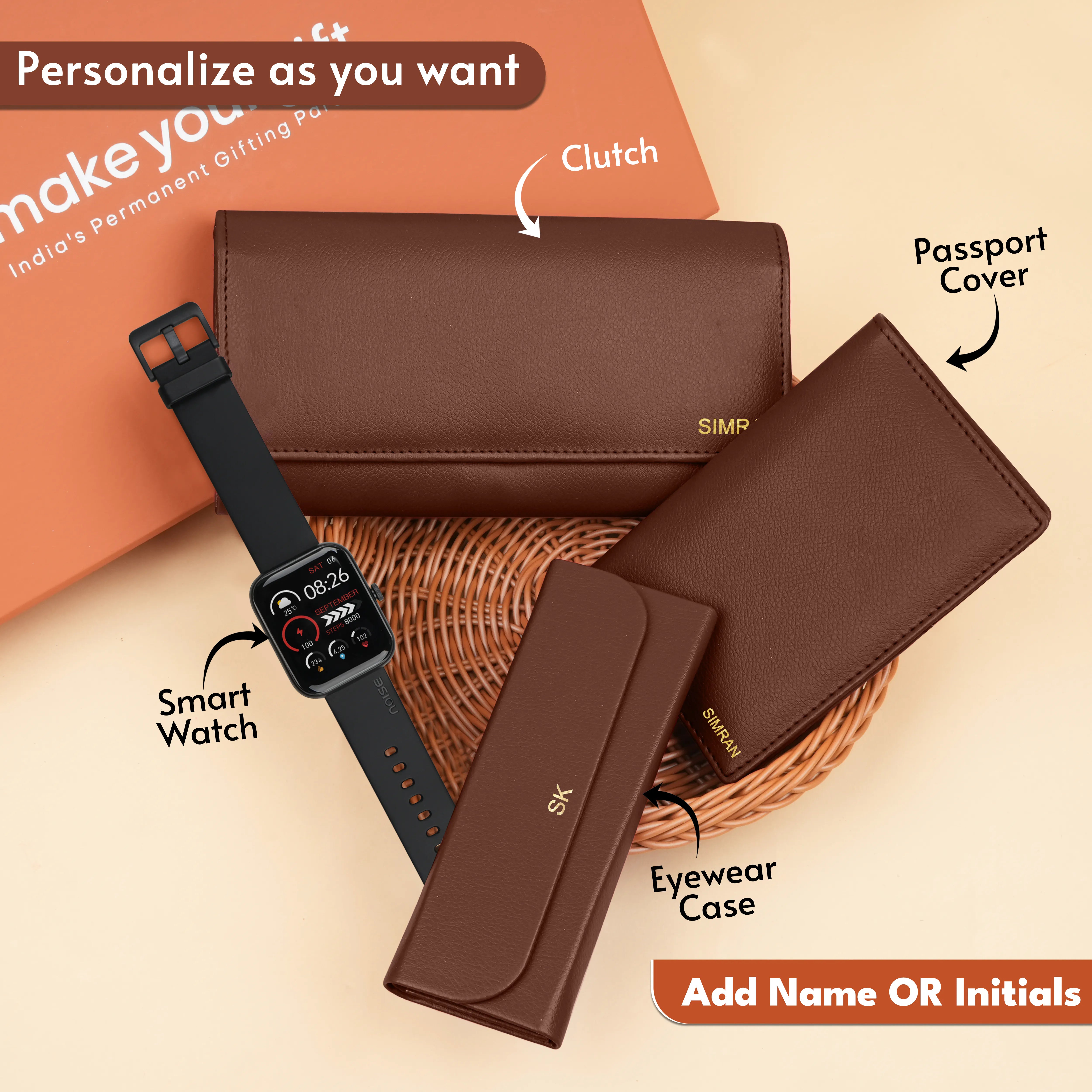 Personalized Clutch, Passport Cover, Eyewear Case & Watch Gift Hamper