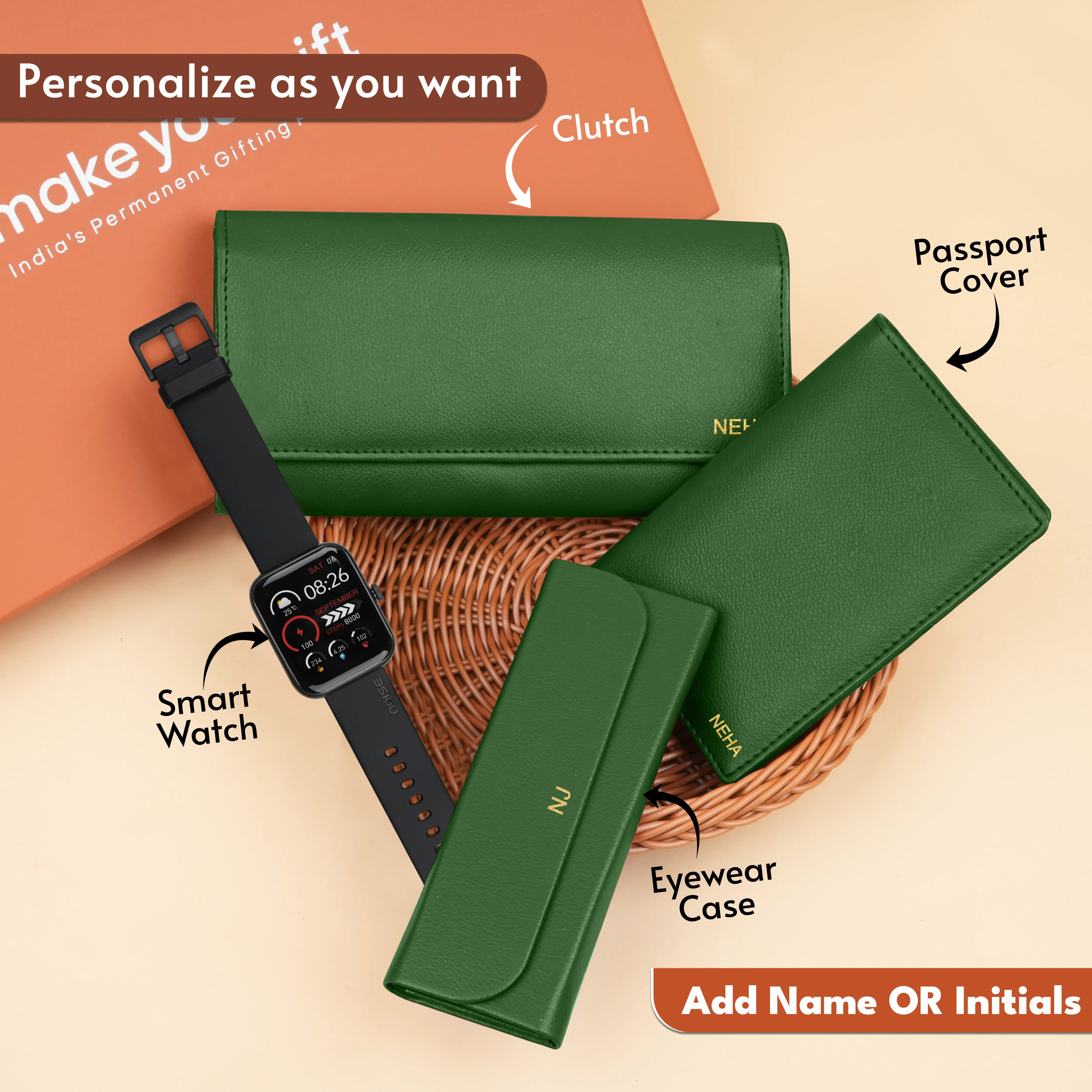 Personalized Clutch, Passport Cover, Eyewear Case & Watch Gift Hamper