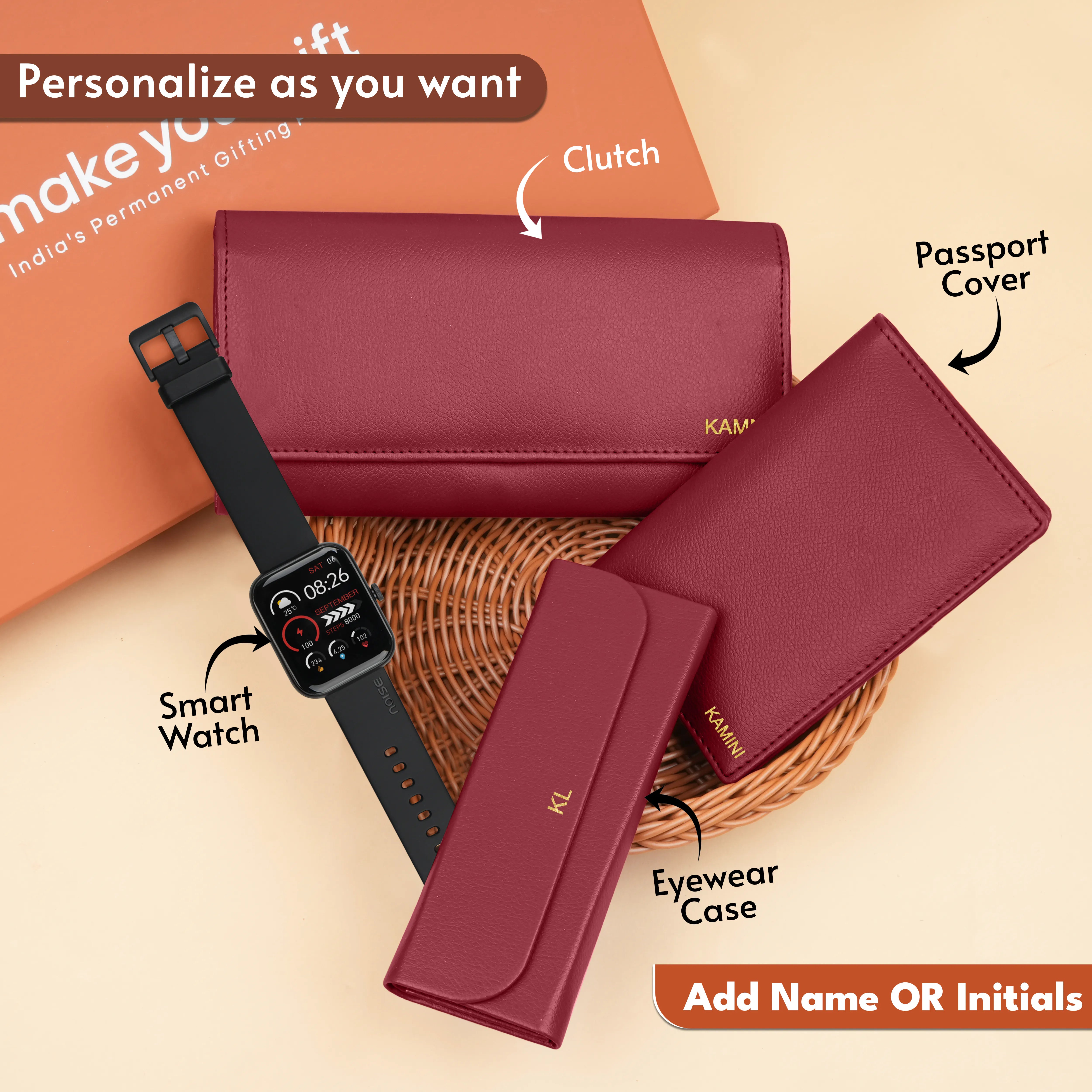 Personalized Clutch, Passport Cover, Eyewear Case & Watch Gift Hamper