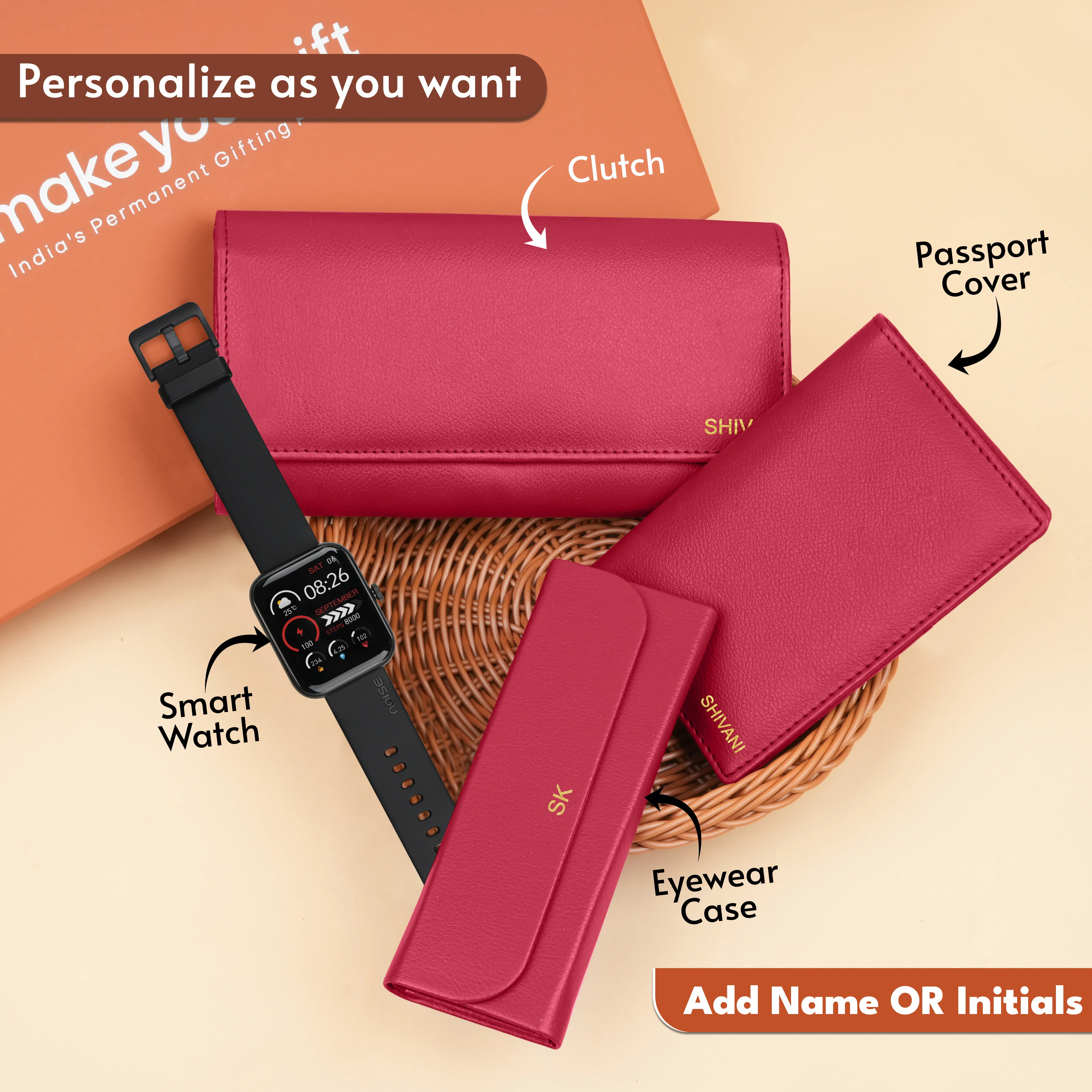 Personalized Clutch, Passport Cover, Eyewear Case & Watch Gift Hamper