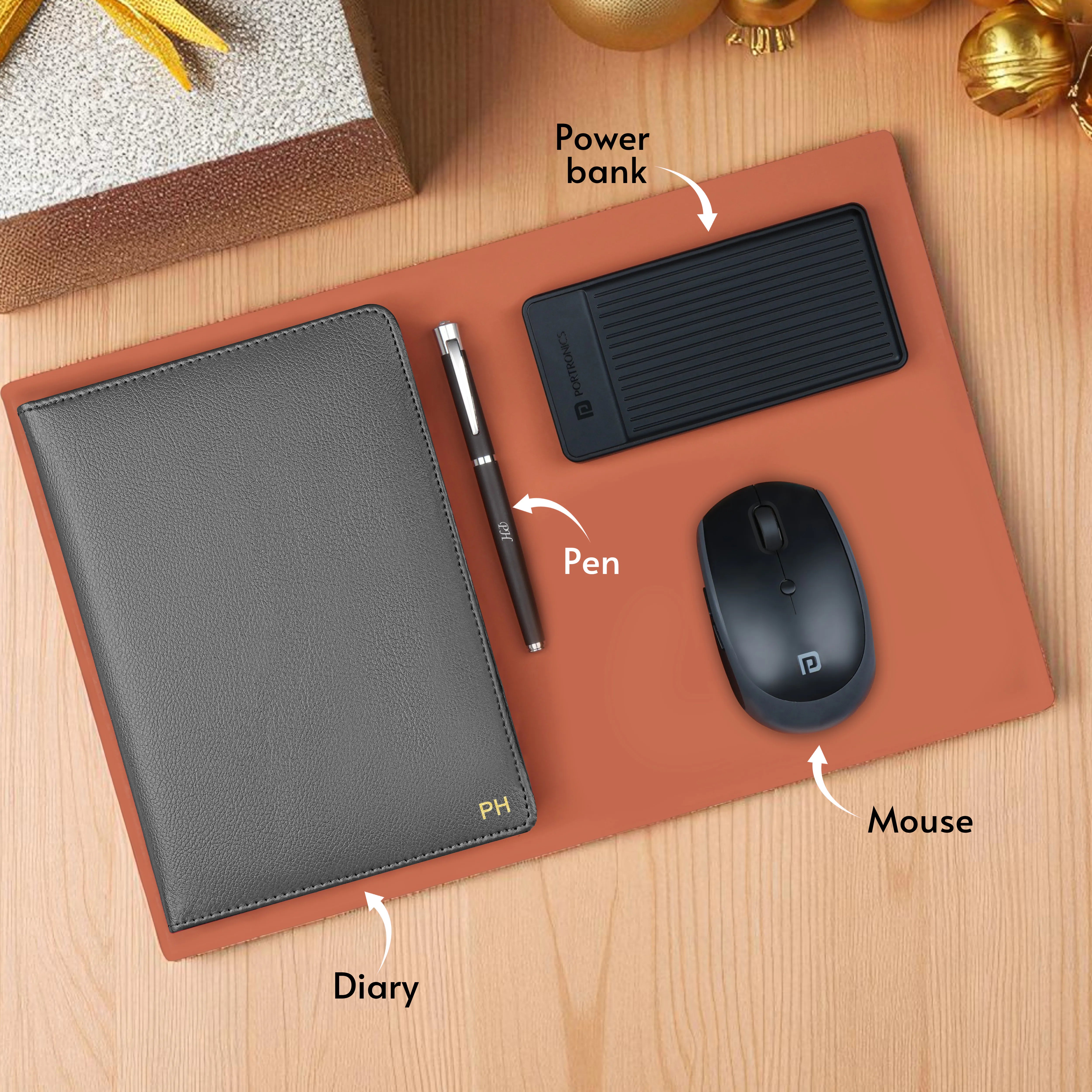 Personalized Diary, Pen, Power Bank & Mouse Gift Hamper