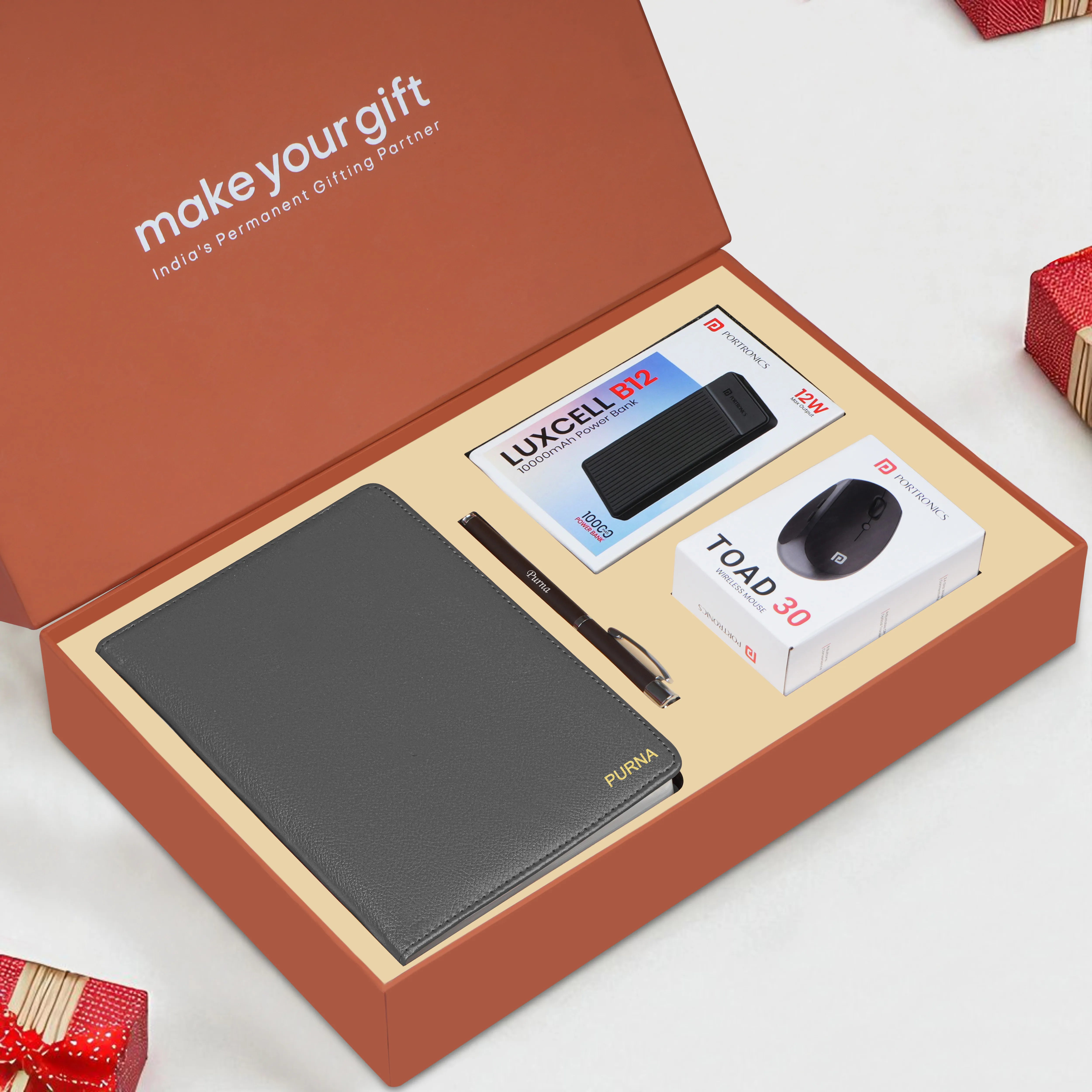 Personalized Diary, Pen, Power Bank & Mouse Gift Hamper
