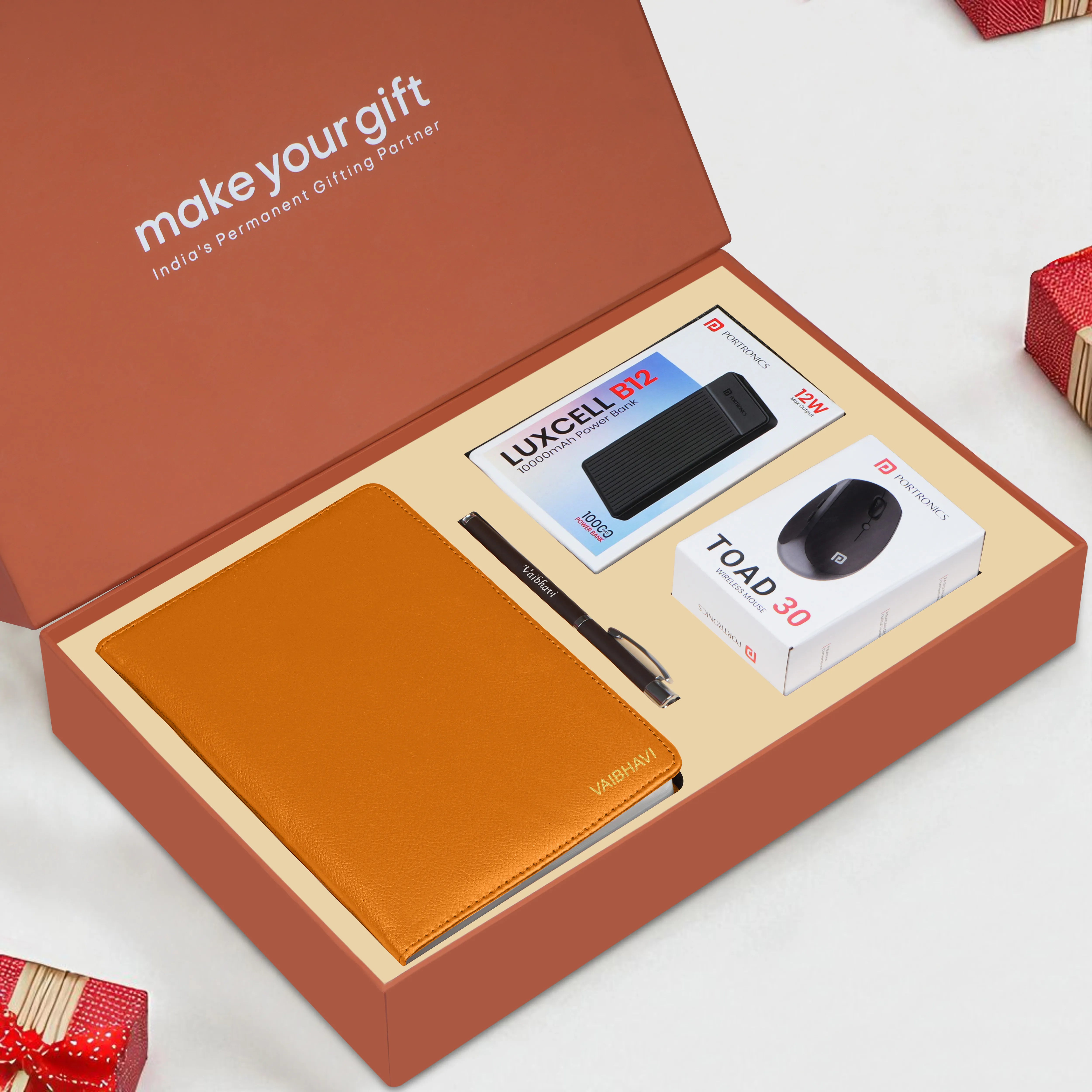 Personalized Diary, Pen, Power Bank & Mouse Gift Hamper