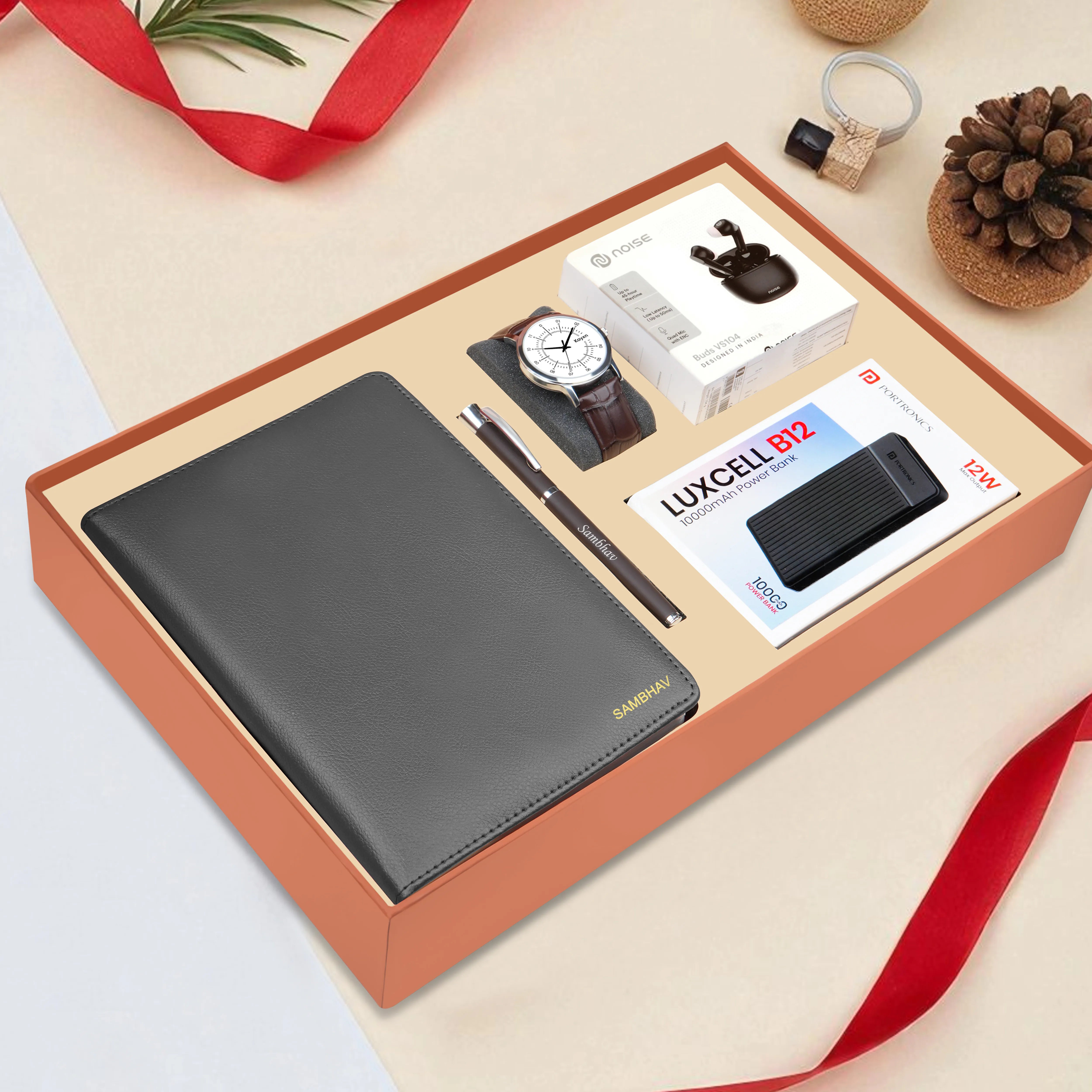 Personalized Diary Pen Power Bank Earbuds & Watch Gift Hamper