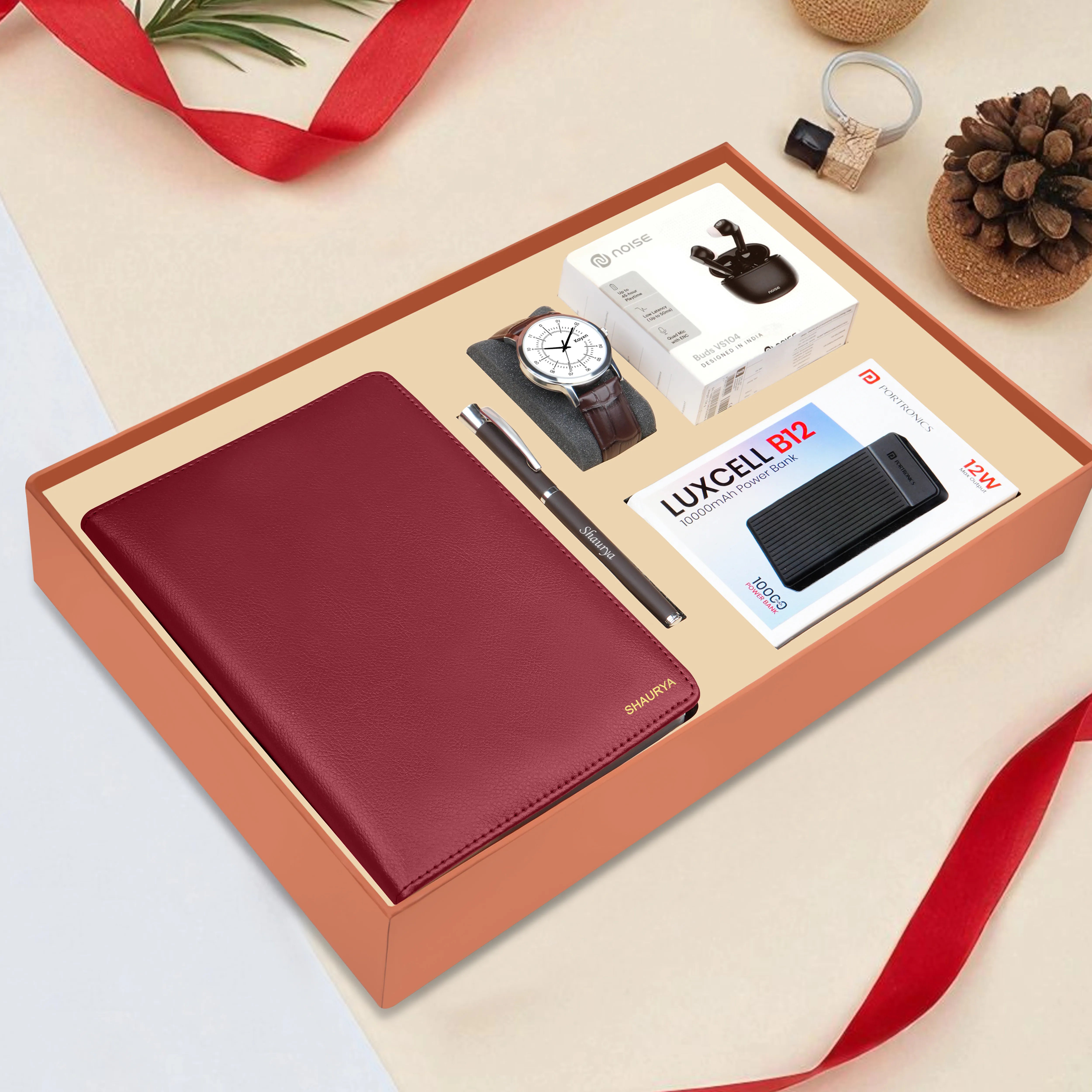 Personalized Diary Pen Power Bank Earbuds & Watch Gift Hamper