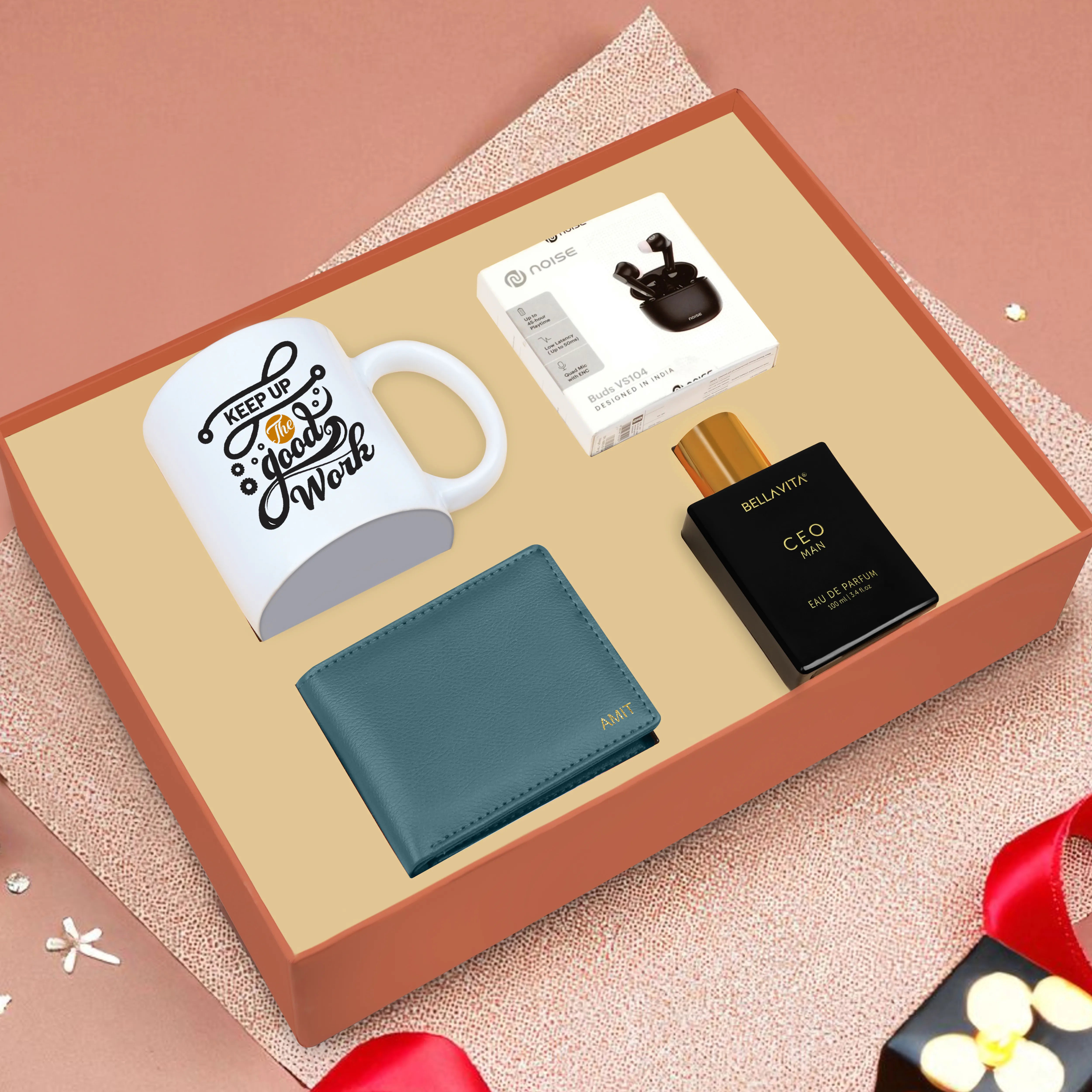 Personalized Wallet Perfume Earbuds & Mug Gift Hamper