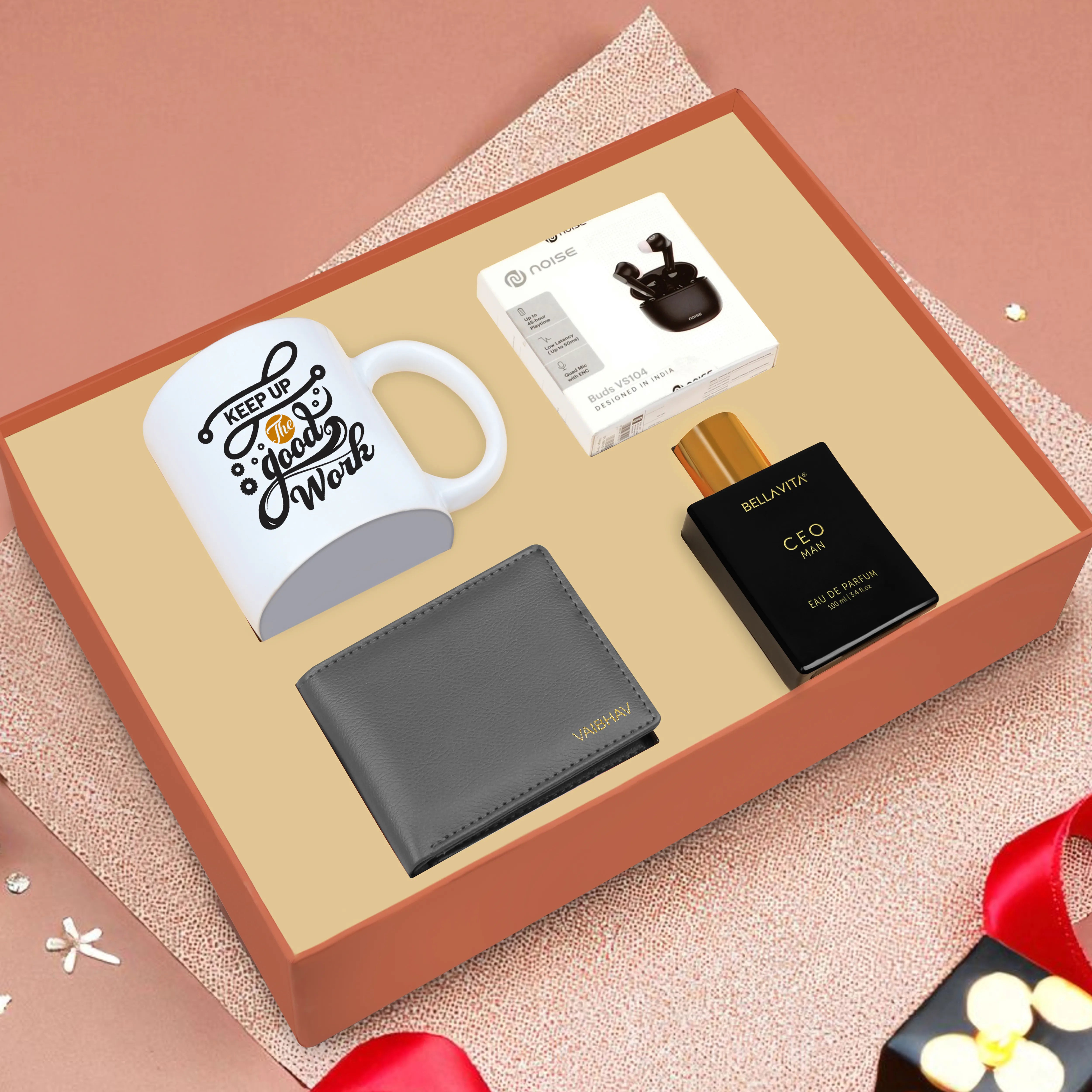 Personalized Wallet Perfume Earbuds & Mug Gift Hamper