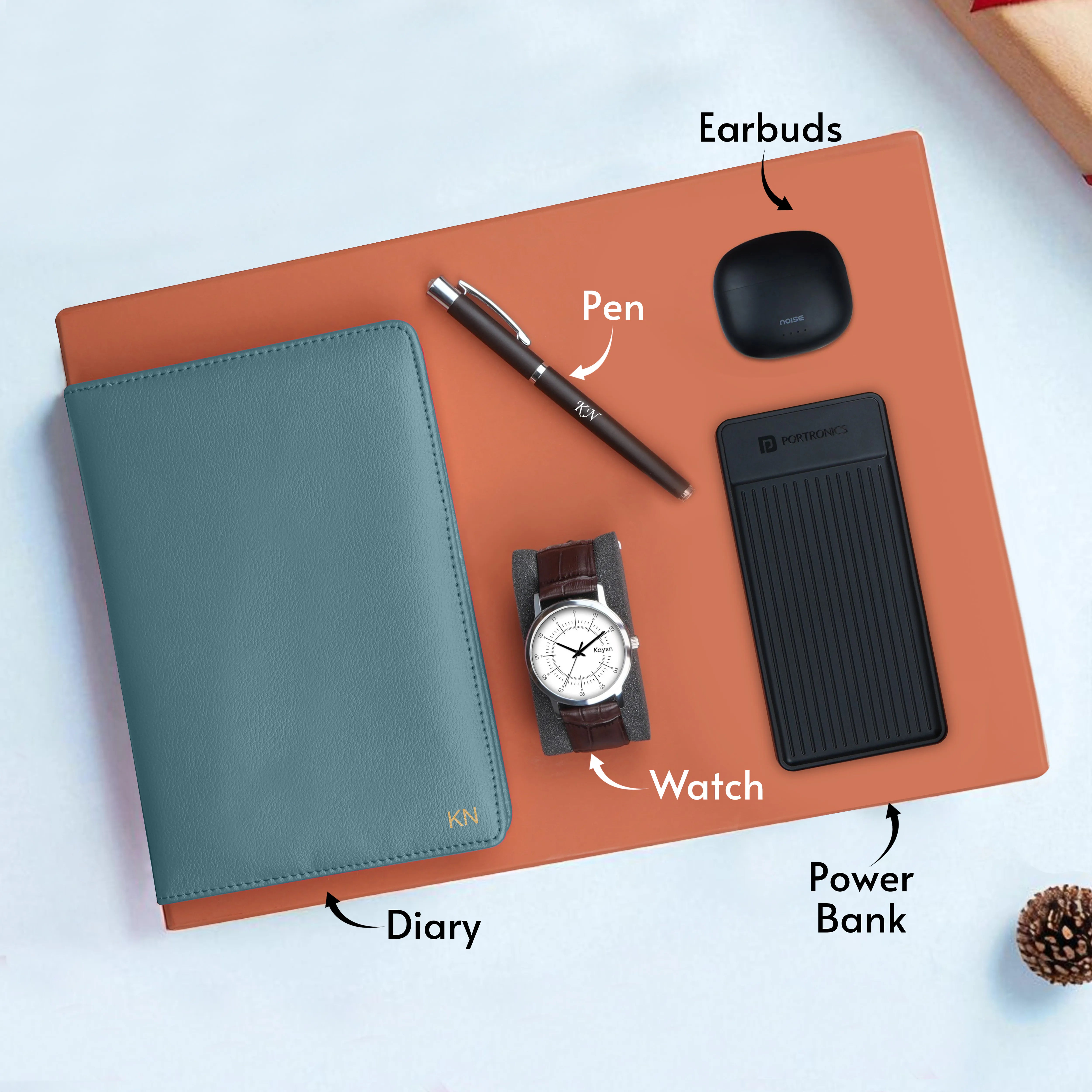 Personalized Diary Pen Power Bank Earbuds & Watch Gift Hamper