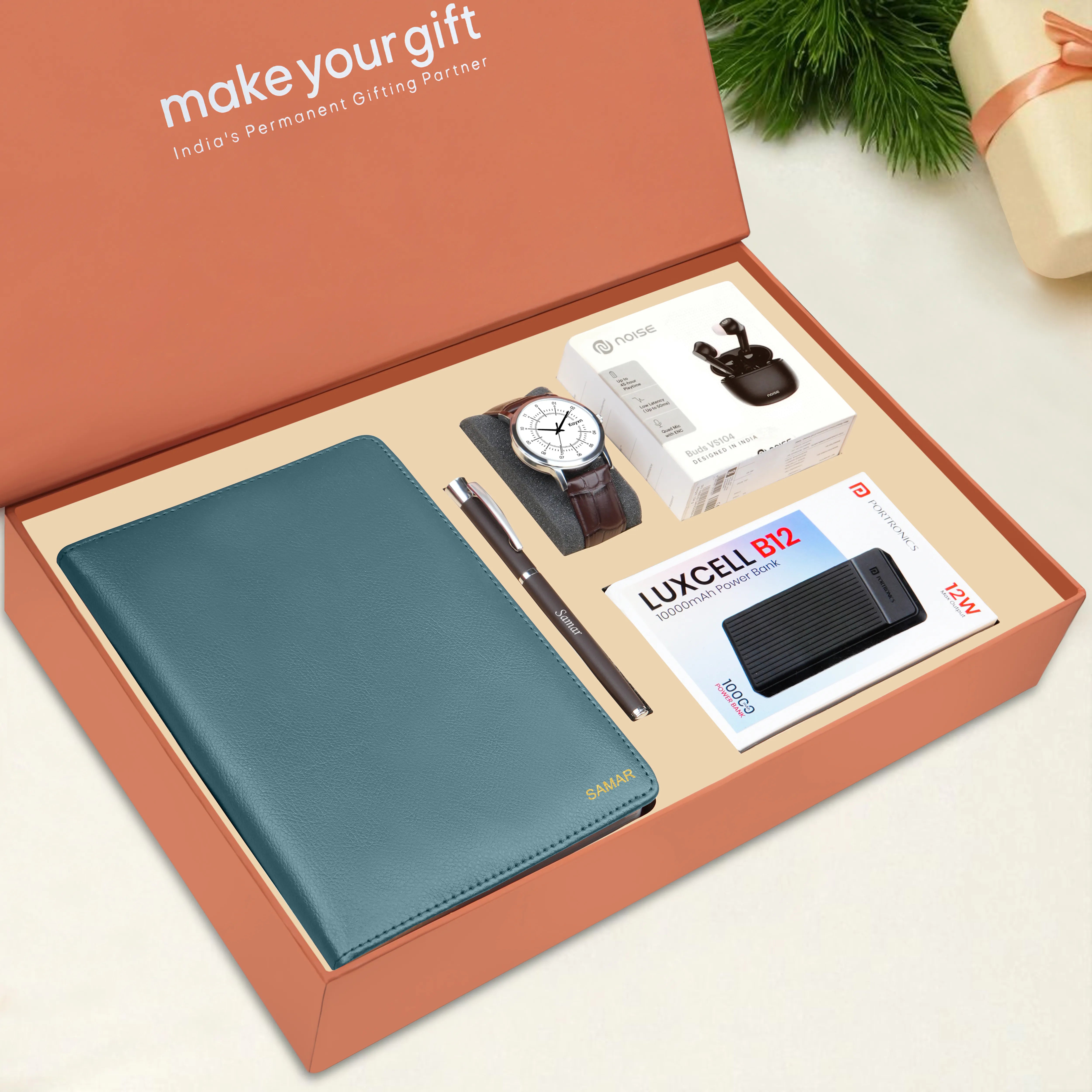 Personalized Diary Pen Power Bank Earbuds & Watch Gift Hamper