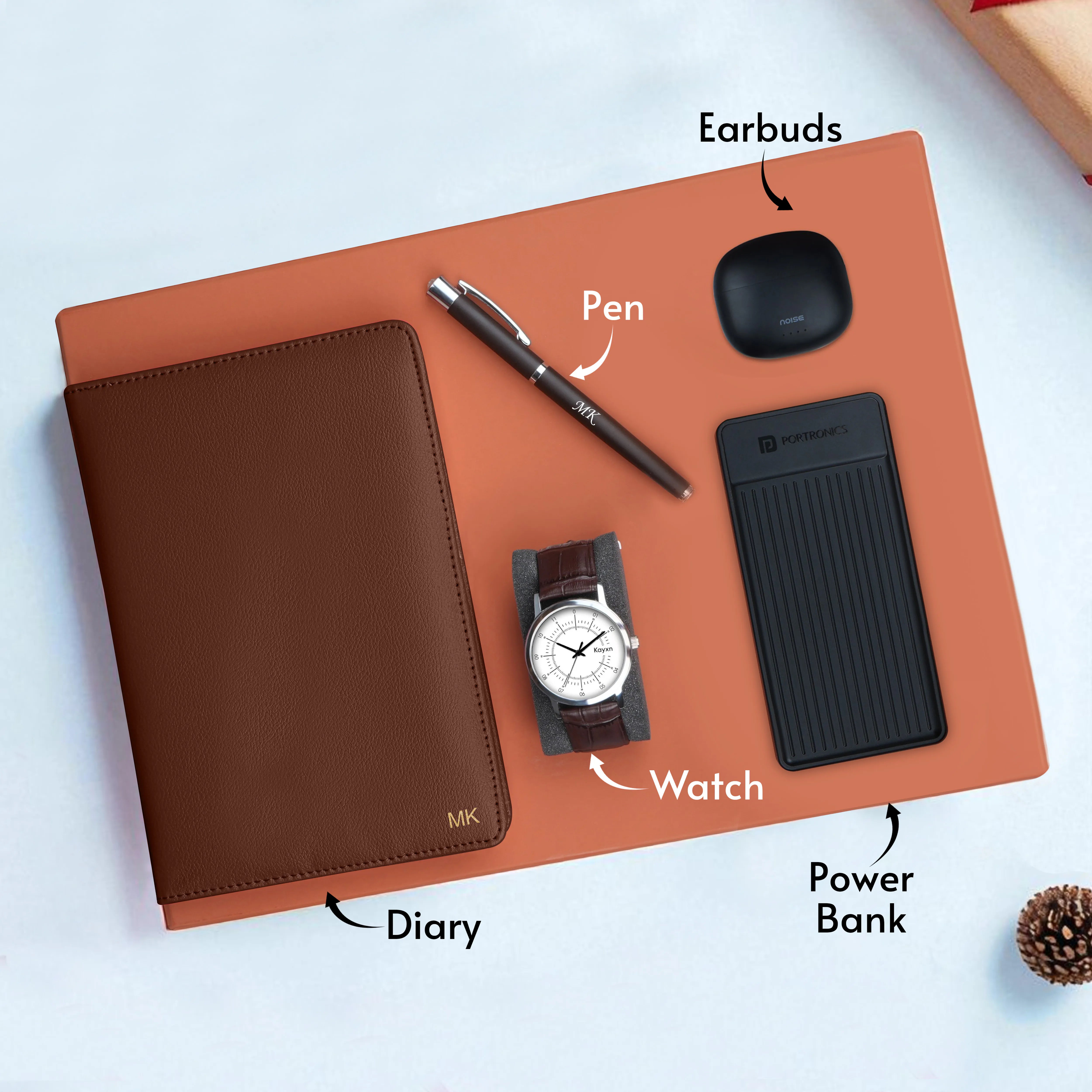 Personalized Diary Pen Power Bank Earbuds & Watch Gift Hamper