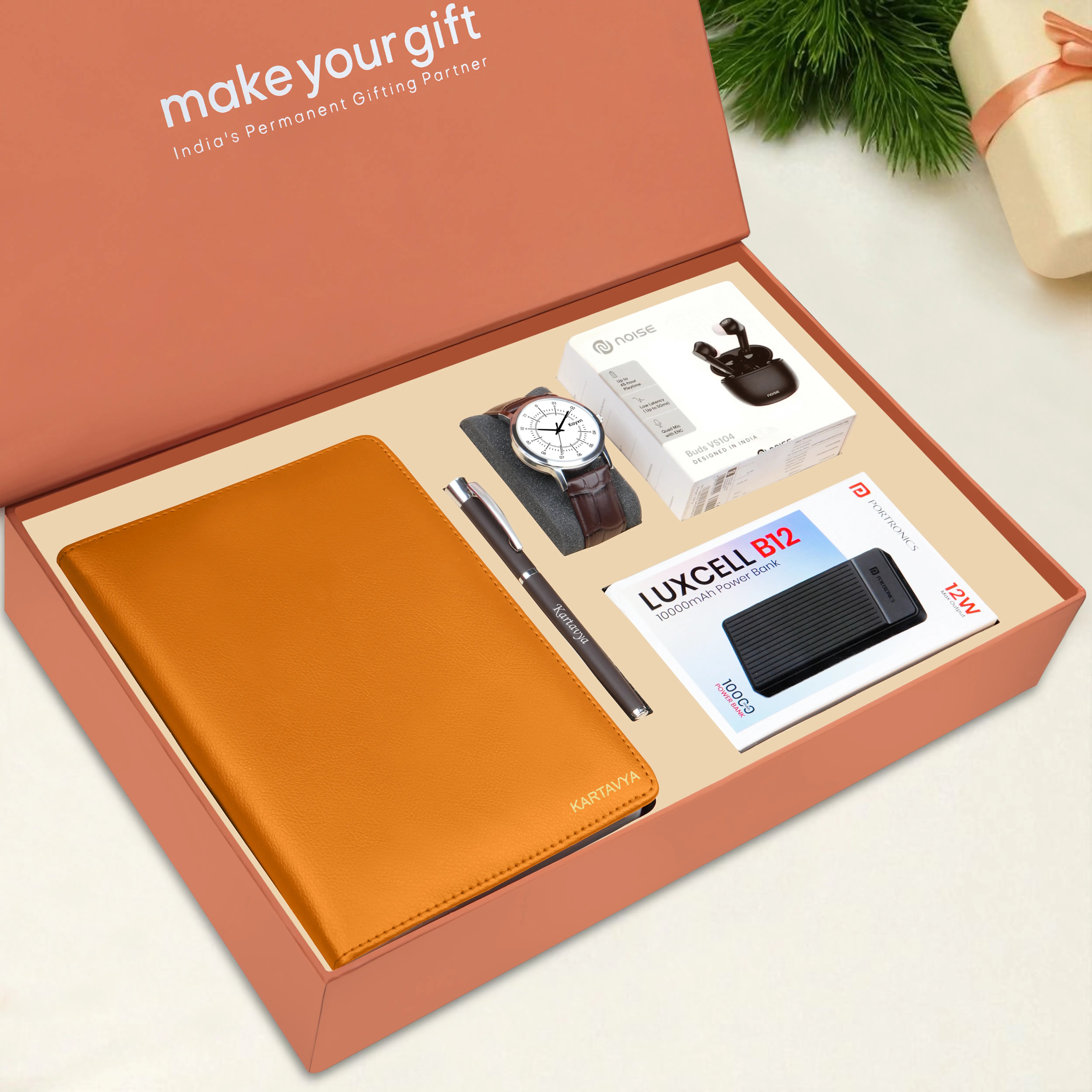 Personalized Diary Pen Power Bank Earbuds & Watch Gift Hamper