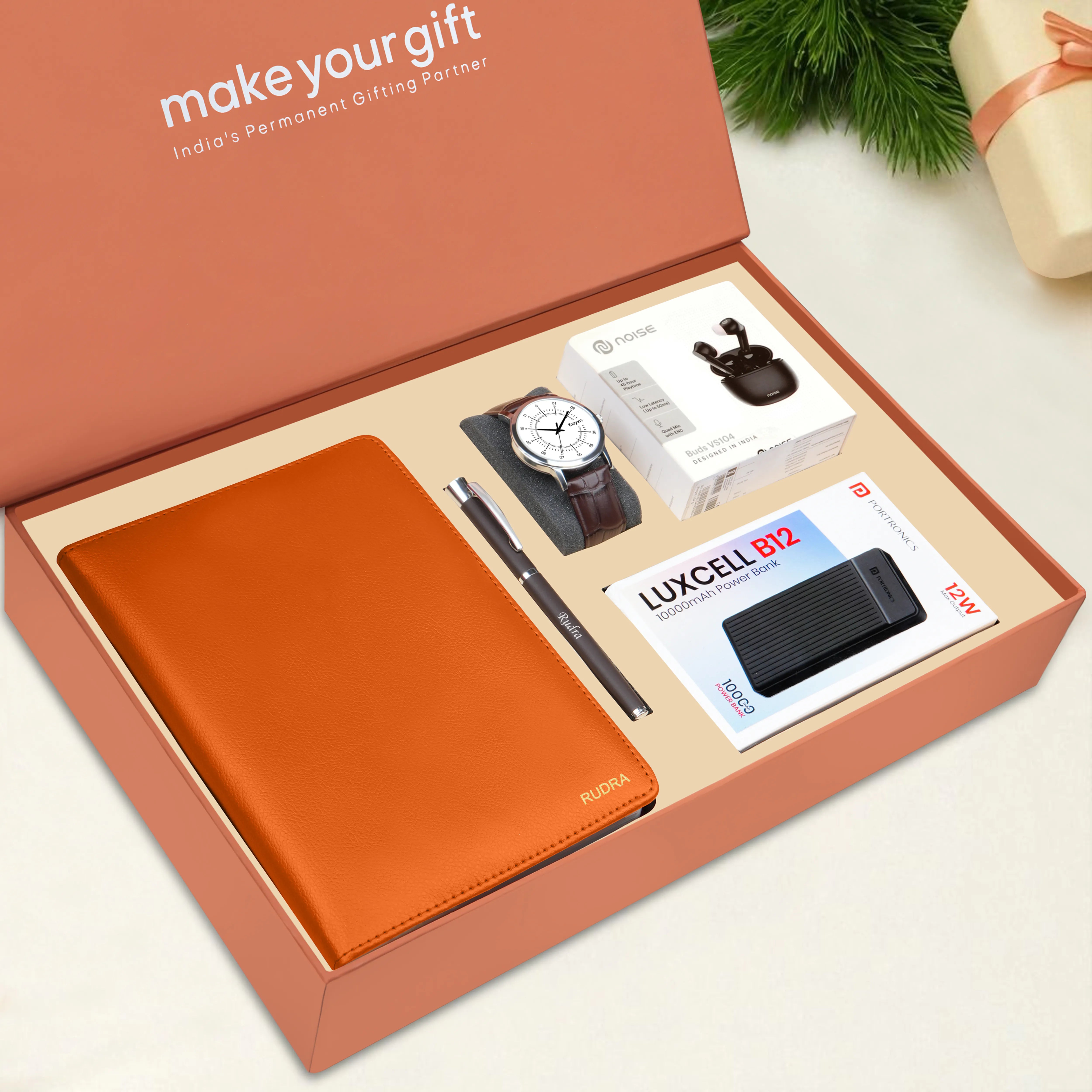 Personalized Diary Pen Power Bank Earbuds & Watch Gift Hamper